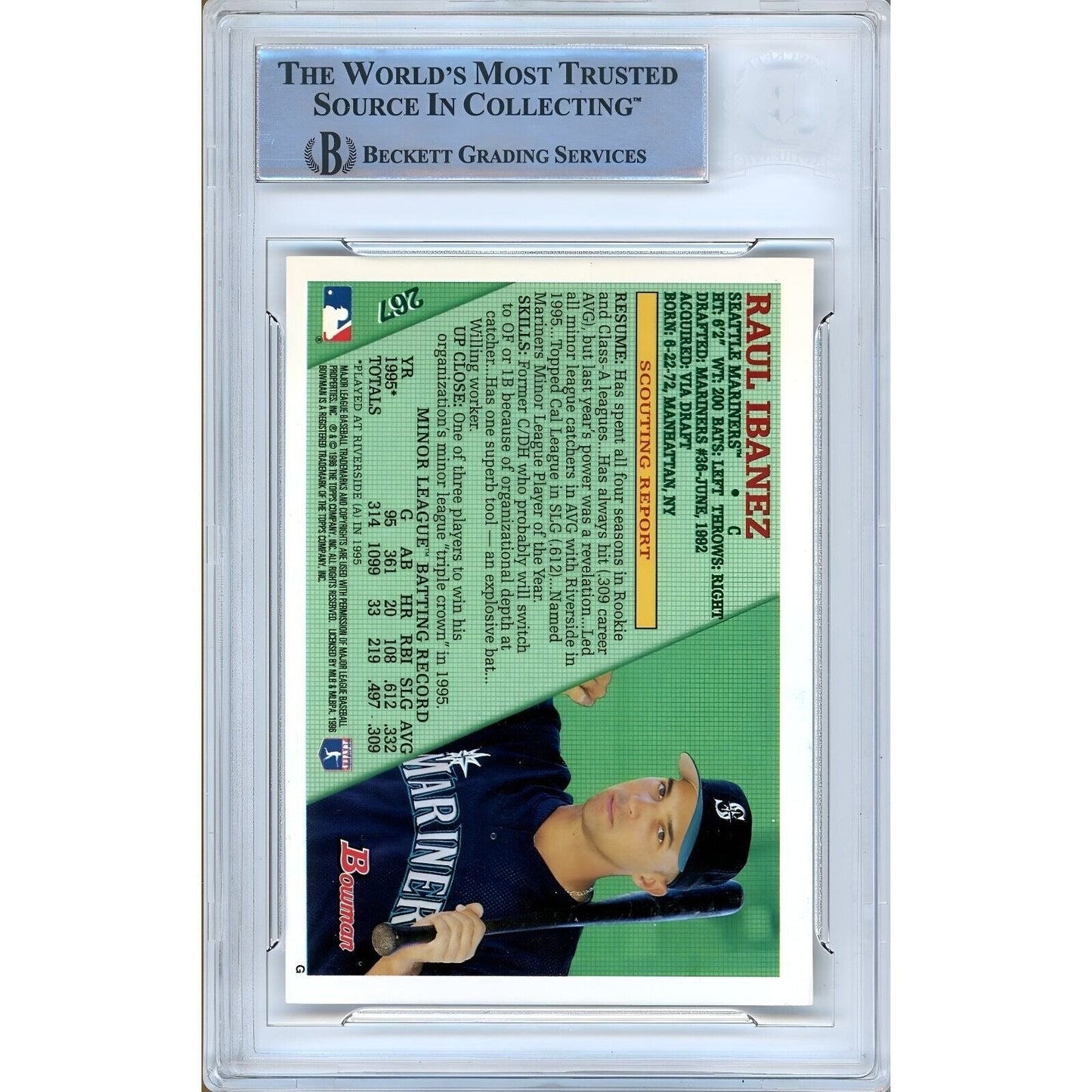 Raul Ibanez Seattle Mariners Signed 1996 Bowman Baseball Card Beckett Authentic Auto Slab