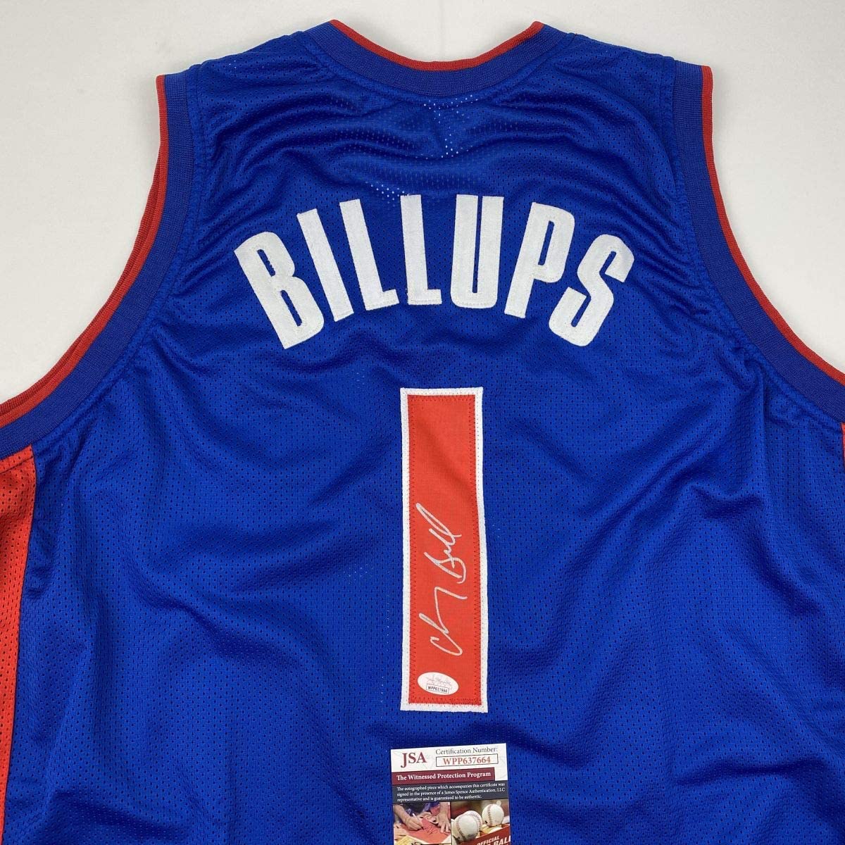 Autographed/Signed Chauncey Billups Detroit Blue Basketball Jersey JSA COA - Sport Cards