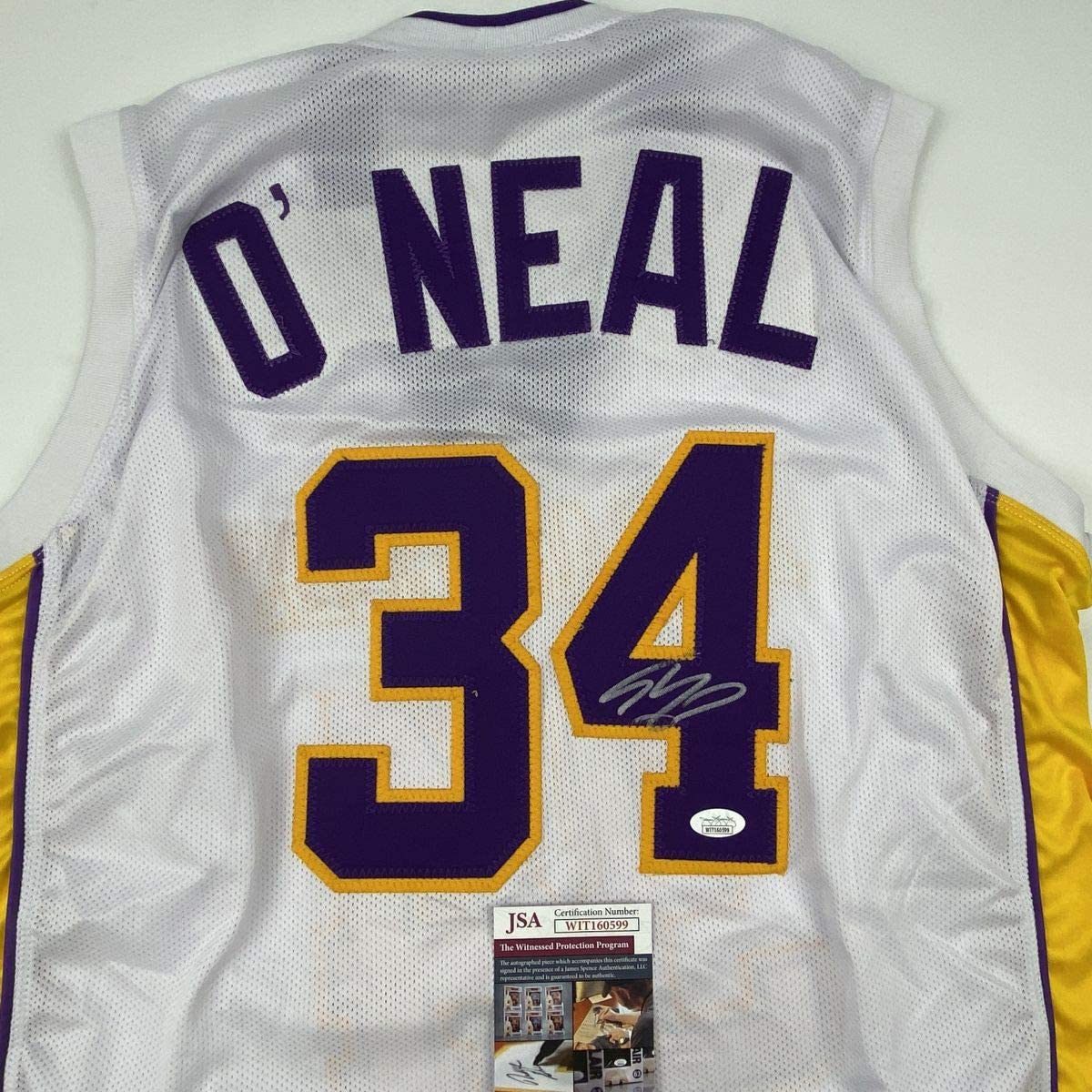 Autographed/Signed Shaquille Shaq O'Neal Los Angeles LA White Basketball Jersey JSA COA - Sport Cards