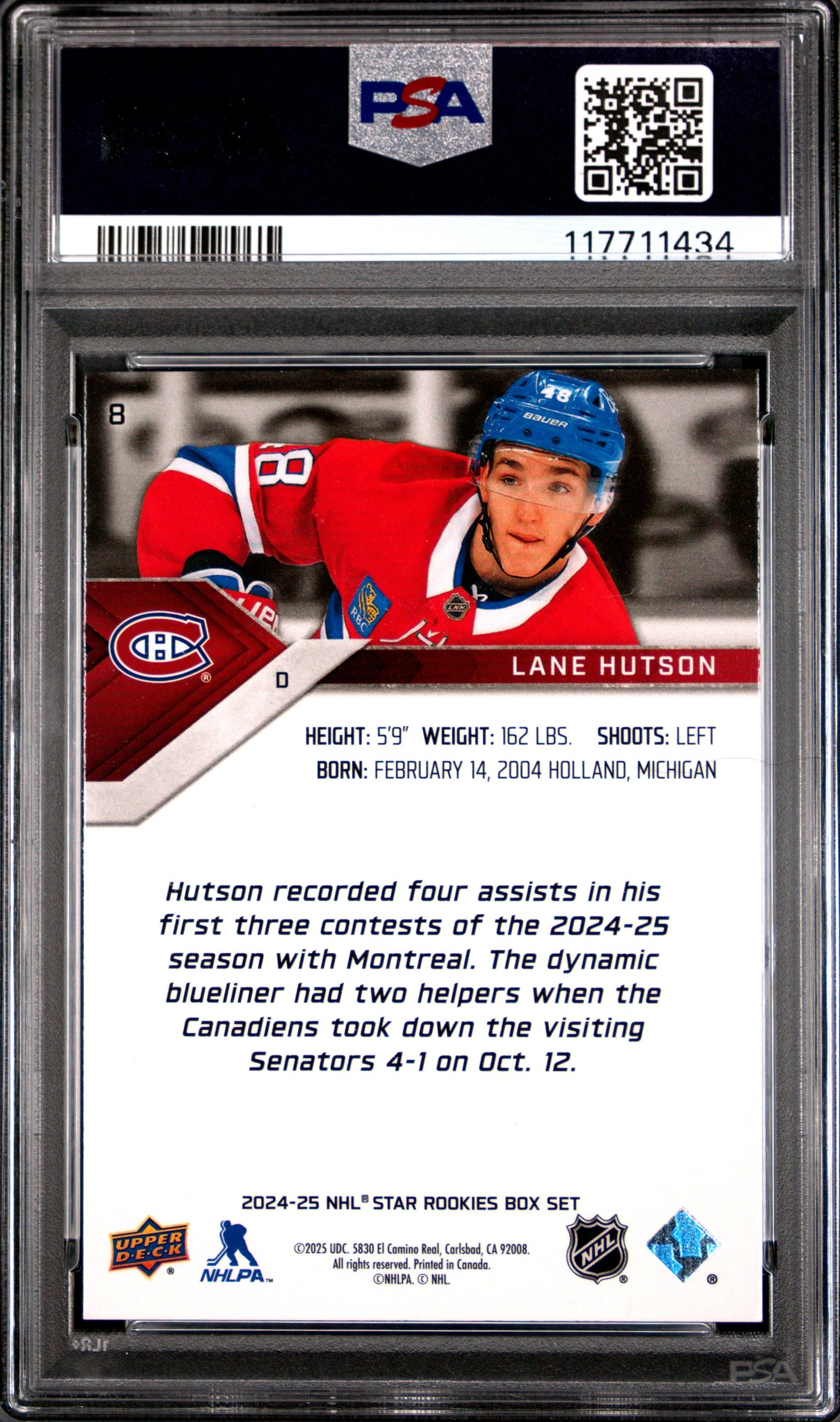 Graded 2024 Upper Deck Star Rookie Lane Hutson #8 Box Set Rookie RC Hockey Card PSA 9 Mint