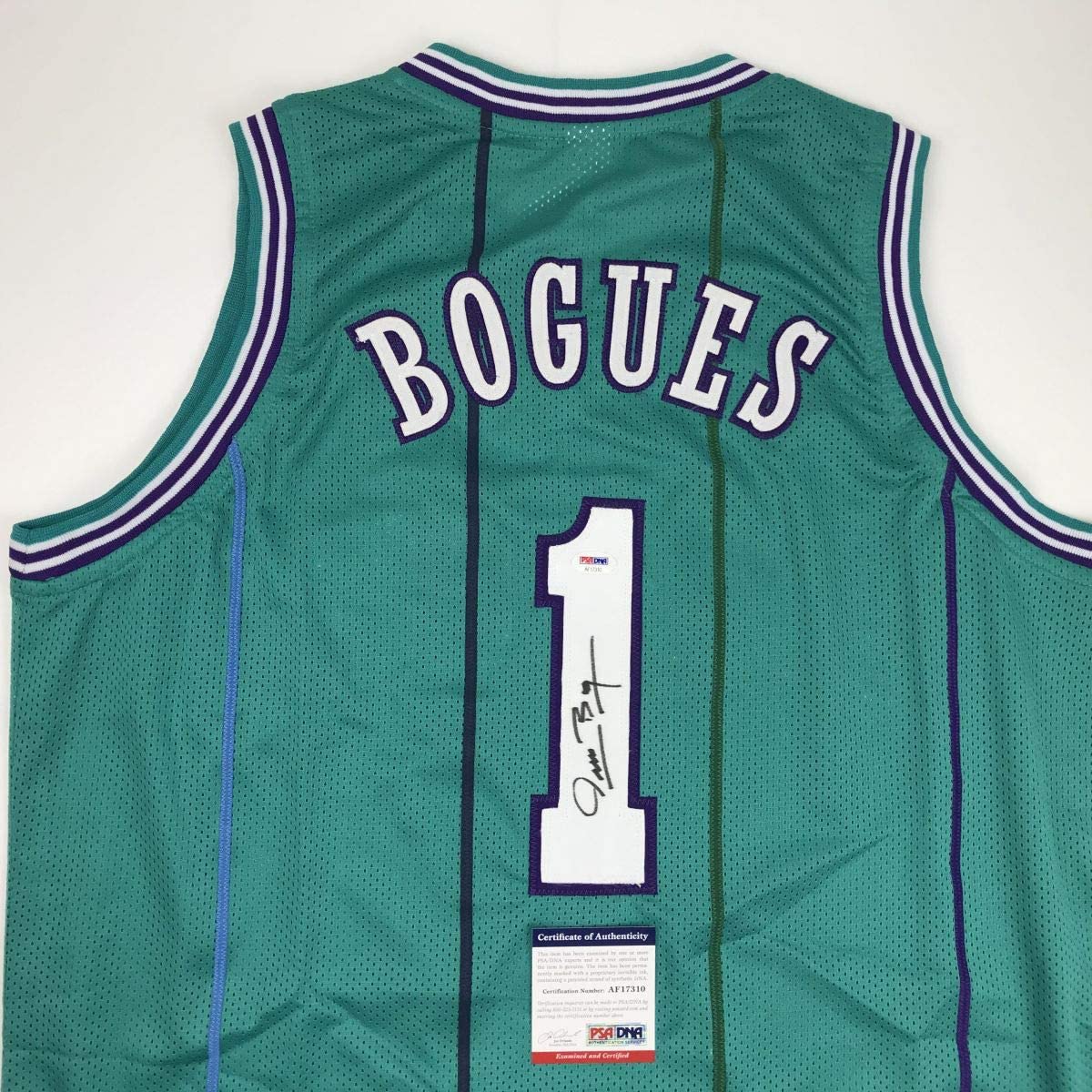 Autographed/Signed Muggsy Bogues Charlotte Teal Basketball Jersey PSA/DNA COA - Sport Cards