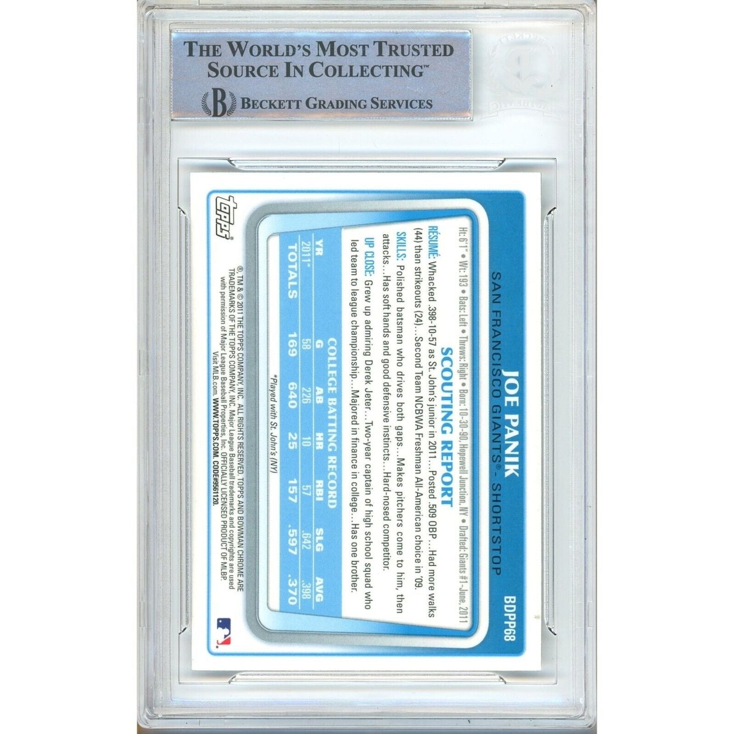 2011 Bowman #BDPP68 — Joe Panik SF Giants Autographed Trading Card — Beckett Authentication