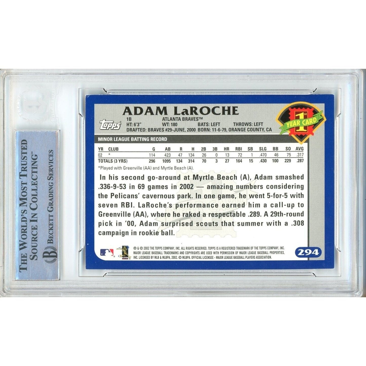 2003 Topps #294 — Adam Laroche Atlanta Braves Autographed Trading Card — Beckett Authentication