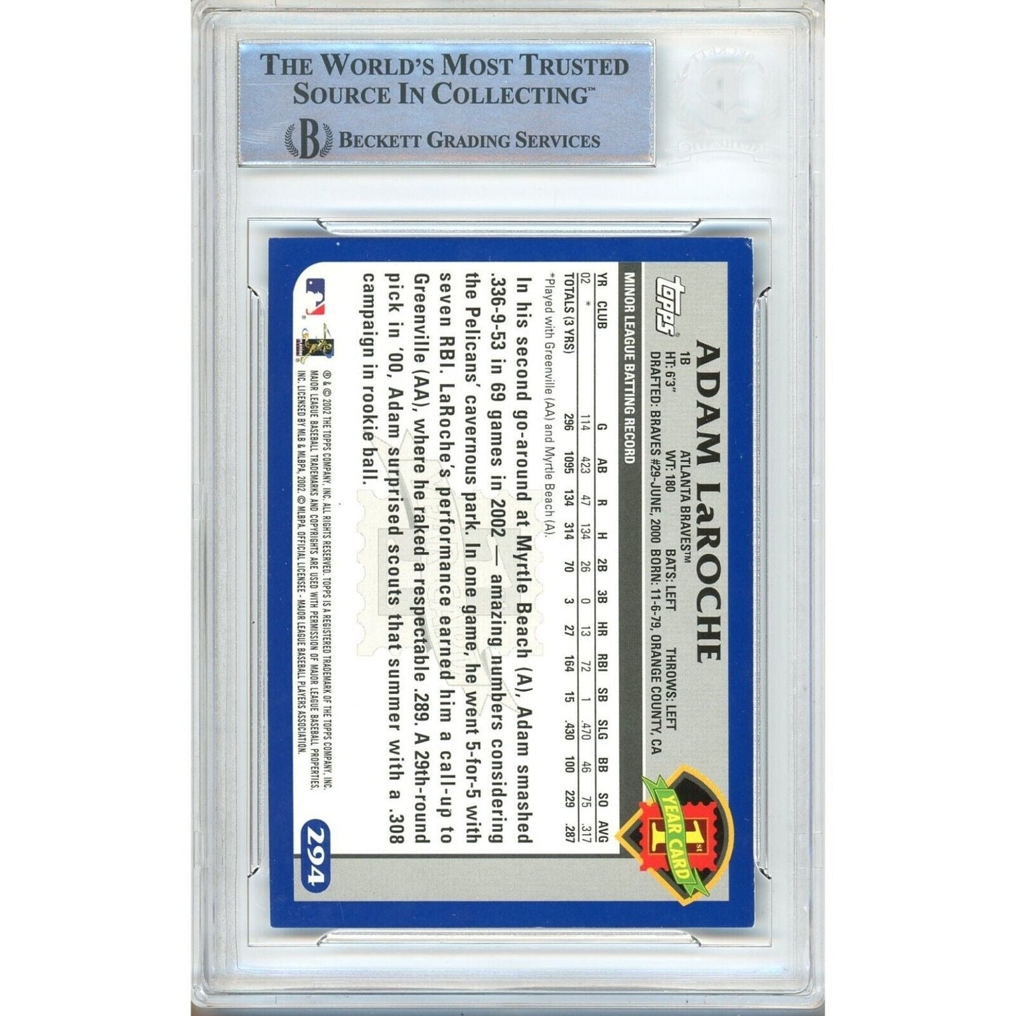 2003 Topps #294 — Adam Laroche Atlanta Braves Autographed Trading Card — Beckett Authentication