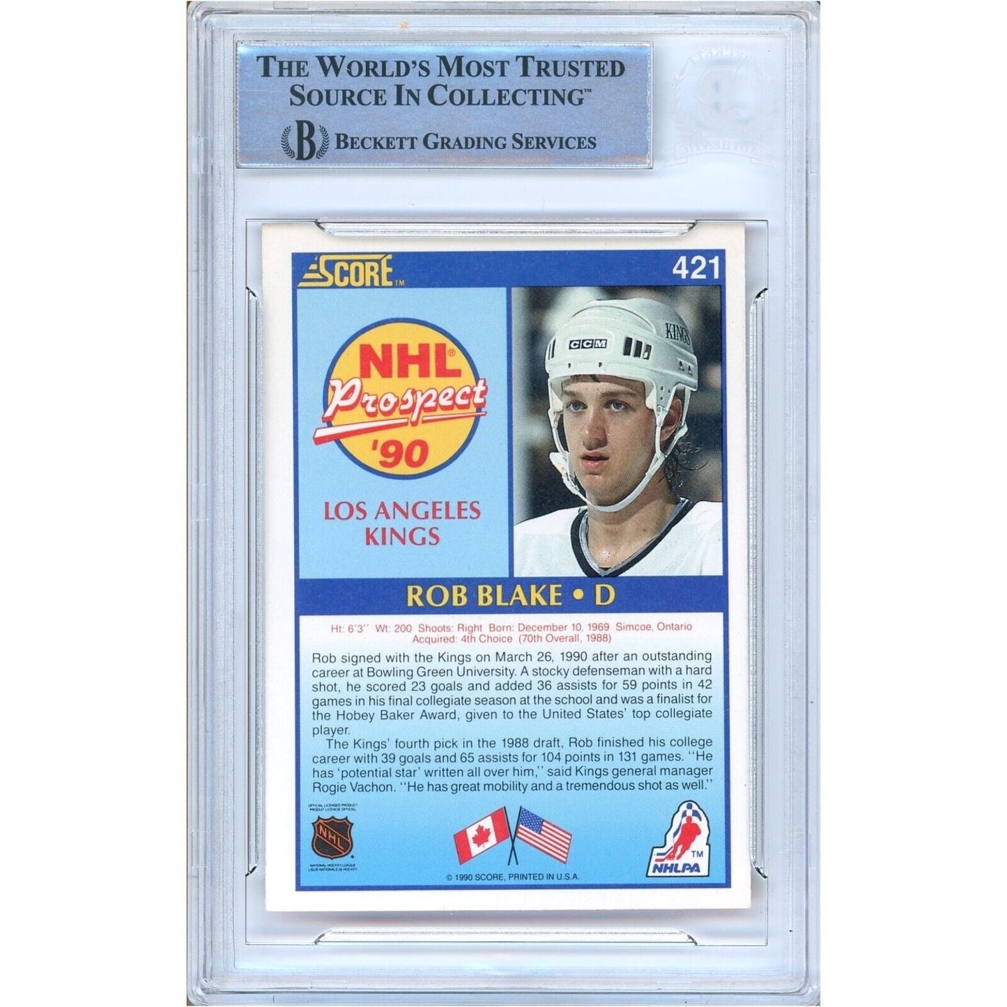 Rob Blake Los Angeles Kings Signed 1990-91 Score Hockey Card Beckett Authentic Auto Slab