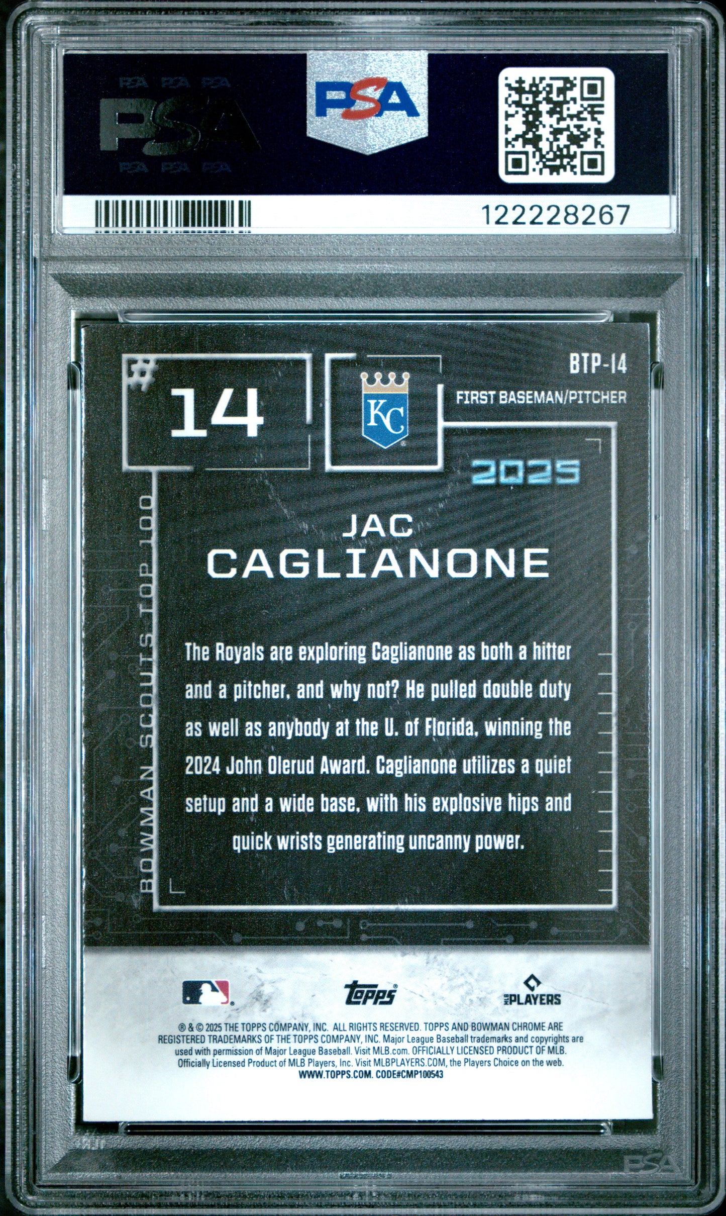 Graded 2025 Topps Bowman Jac Caglianone #BTP14 Scouts Top 100 Rookie RC Baseball Card PSA 9 Mint