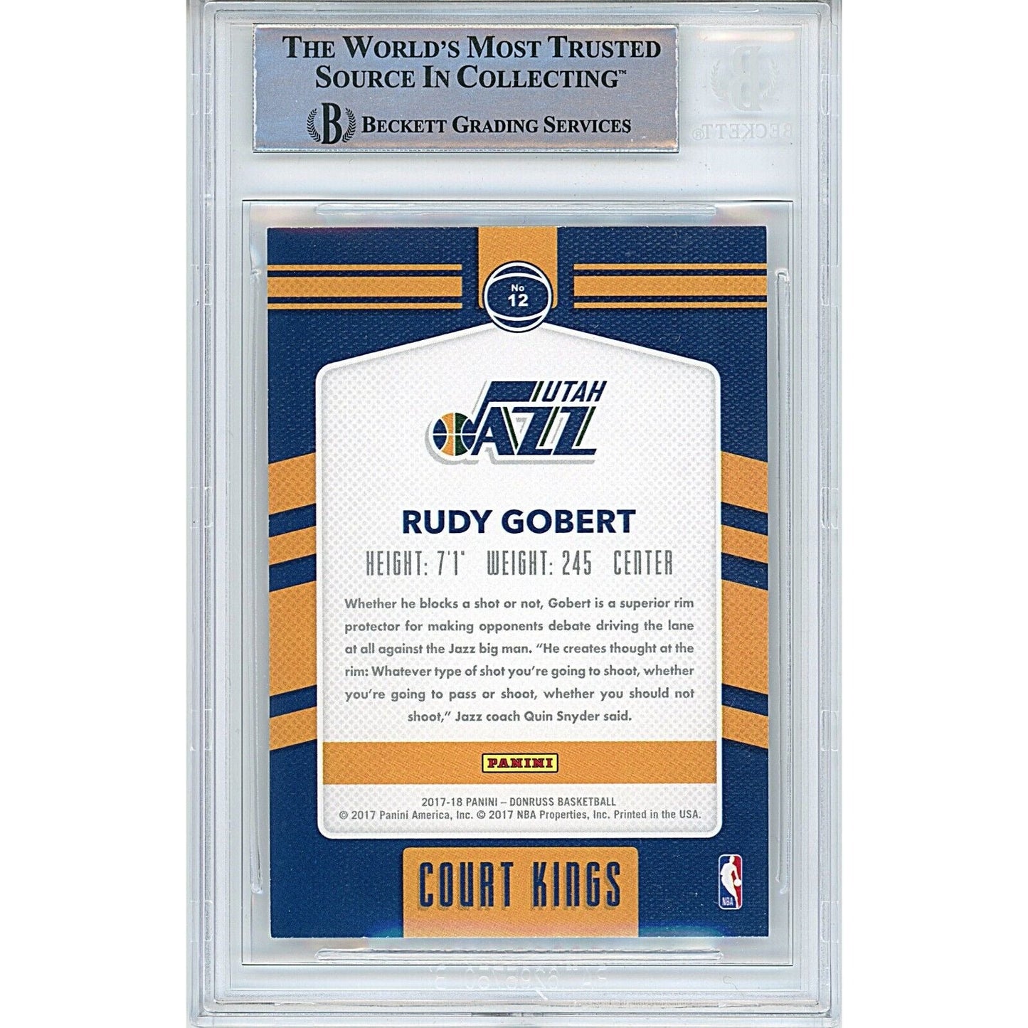 Rudy Gobert Utah Jazz Signed 2017 Donruss Court Kings Card Beckett Authentic Auto Slab
