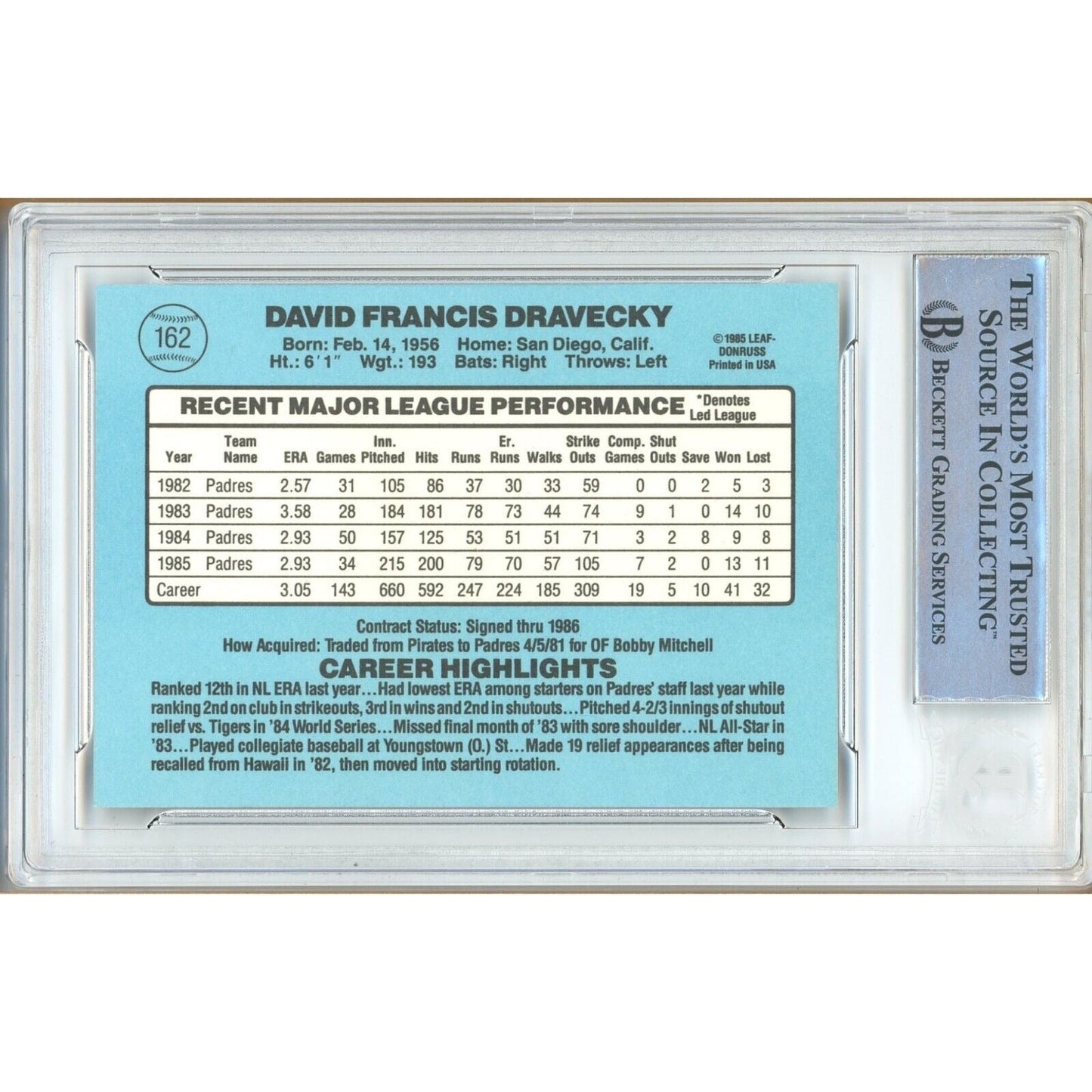 1986 Donruss #162 — Dave Dravecky San Diego Padres Autographed Trading Card — Beckett Authentication