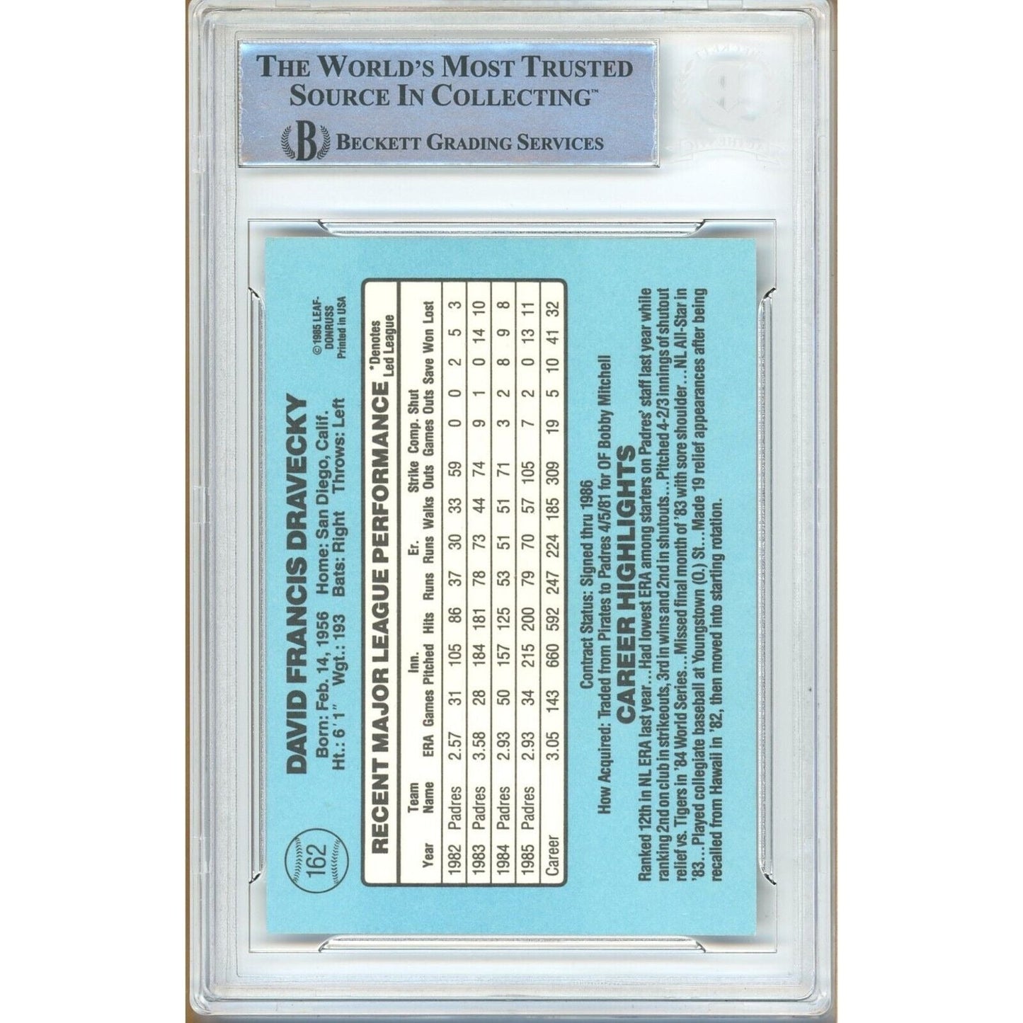 1986 Donruss #162 — Dave Dravecky San Diego Padres Autographed Trading Card — Beckett Authentication