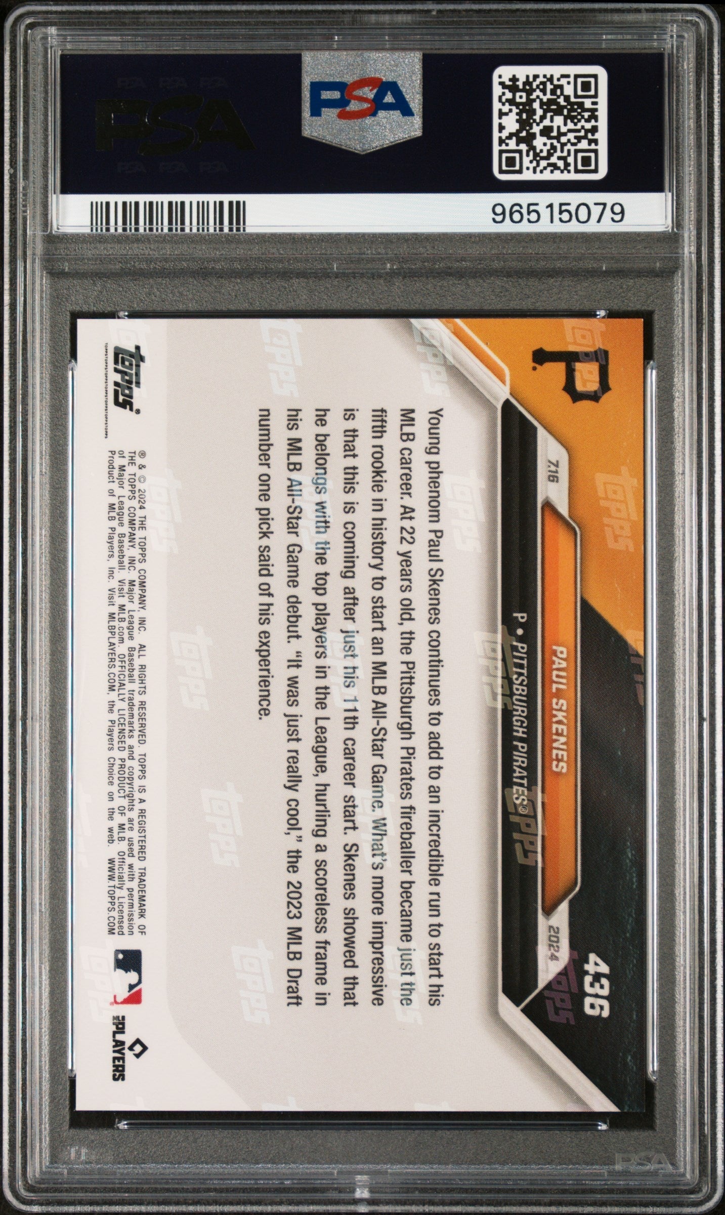 Graded 2024 Topps Now Paul Skenes #436 All Star Game Rookie RC Baseball Card PSA 9 Mint