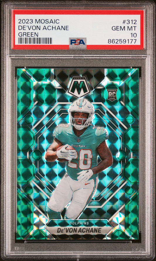 Graded 2023 Panini Mosaic Devon Achane #312 Green Rookie RC Football Card PSA 10 Gem Mint
