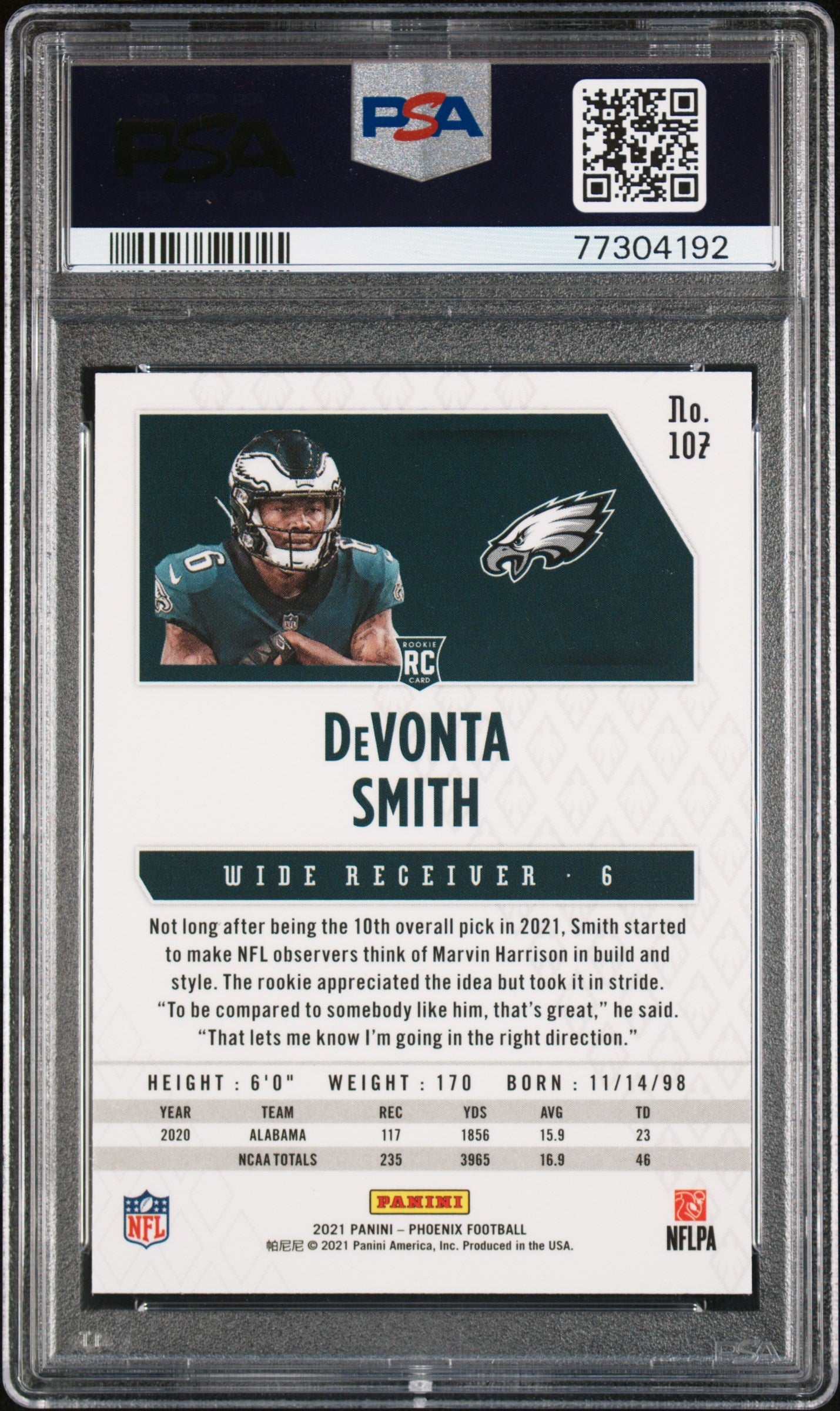 Graded 2021 Panini Phoenix DeVonta Smith #107 Fire Burst Rookie RC Football Card PSA 10 Gem Mint - Sport Cards