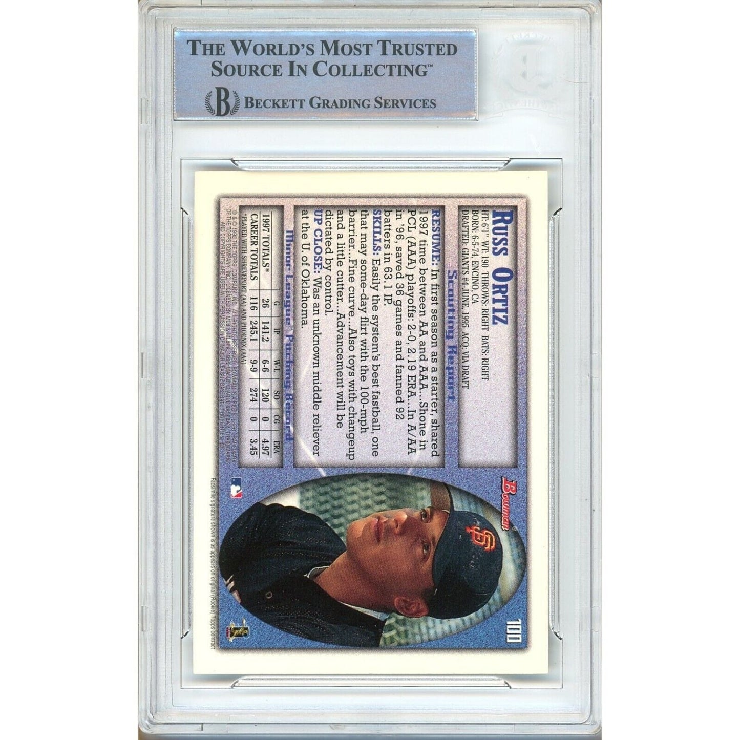 Russ Ortiz San Francisco Giants Signed 1998 Bowman Baseball Card Beckett Auth Auto Slab