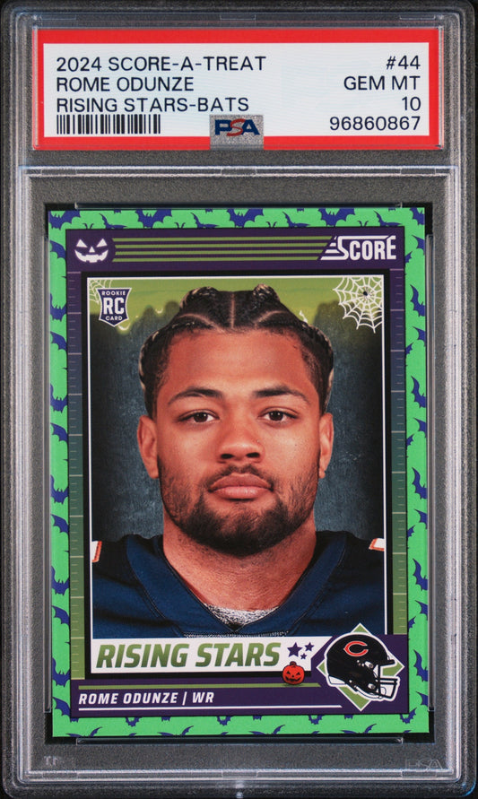 Graded 2024 Panini Score-A-Treat Rome Odunze #44 Rising Stars Bats Rookie RC Football Card PSA 10 Gem Mint