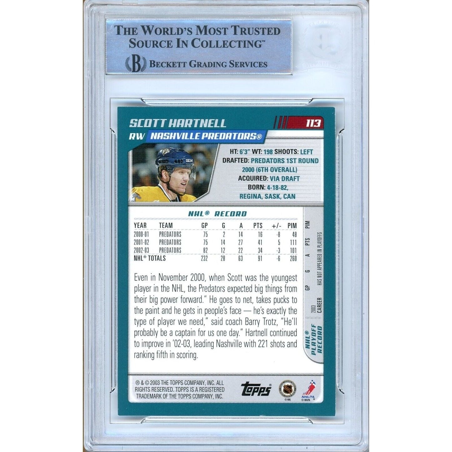 Scott Hartnell Nashville Predators Signed 2003-04 Topps Hockey Card Beckett Authentic Auto