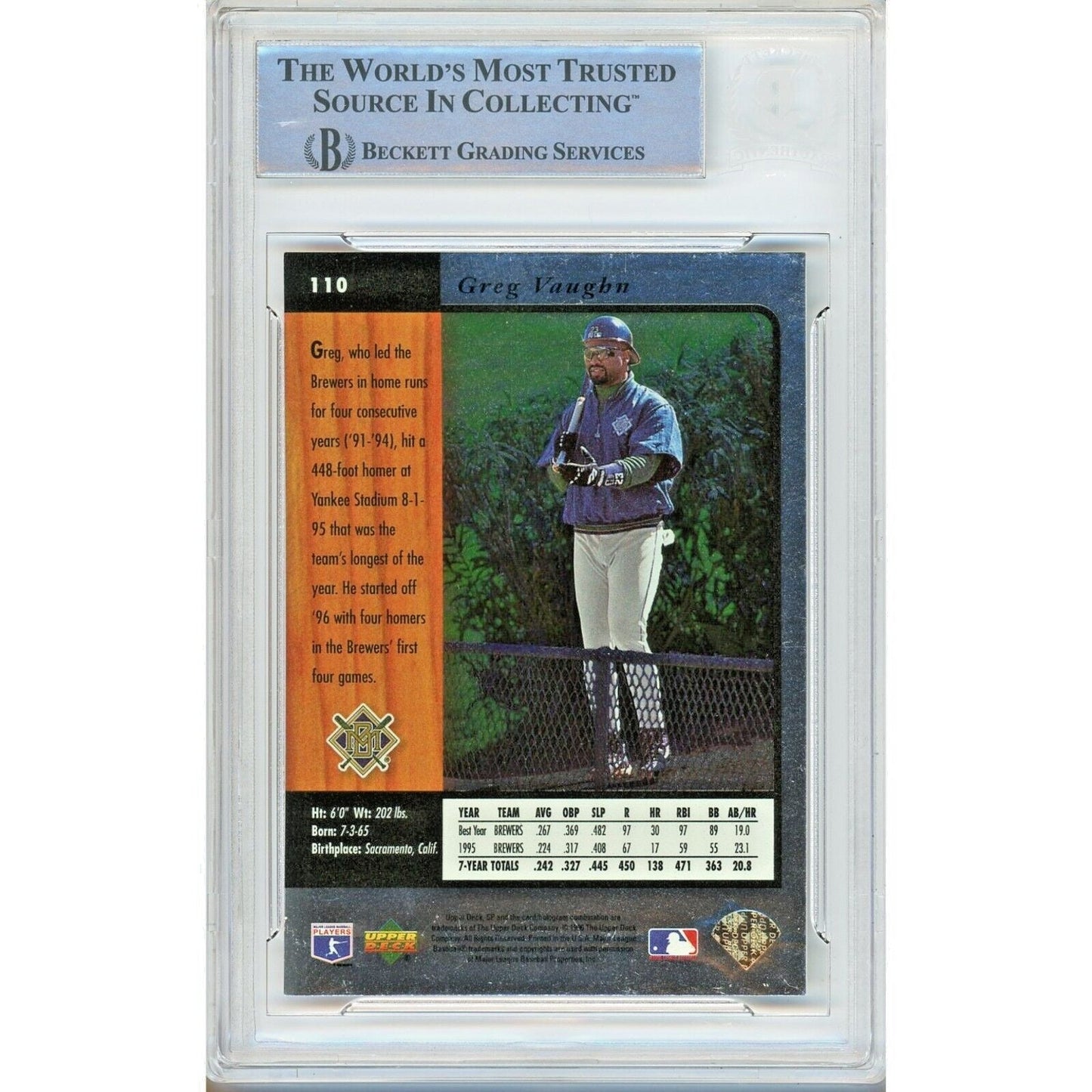 1996 Upper Deck SP #110— Greg Vaughn Milwaukee Brewers Autographed Trading Card — Beckett Authentication