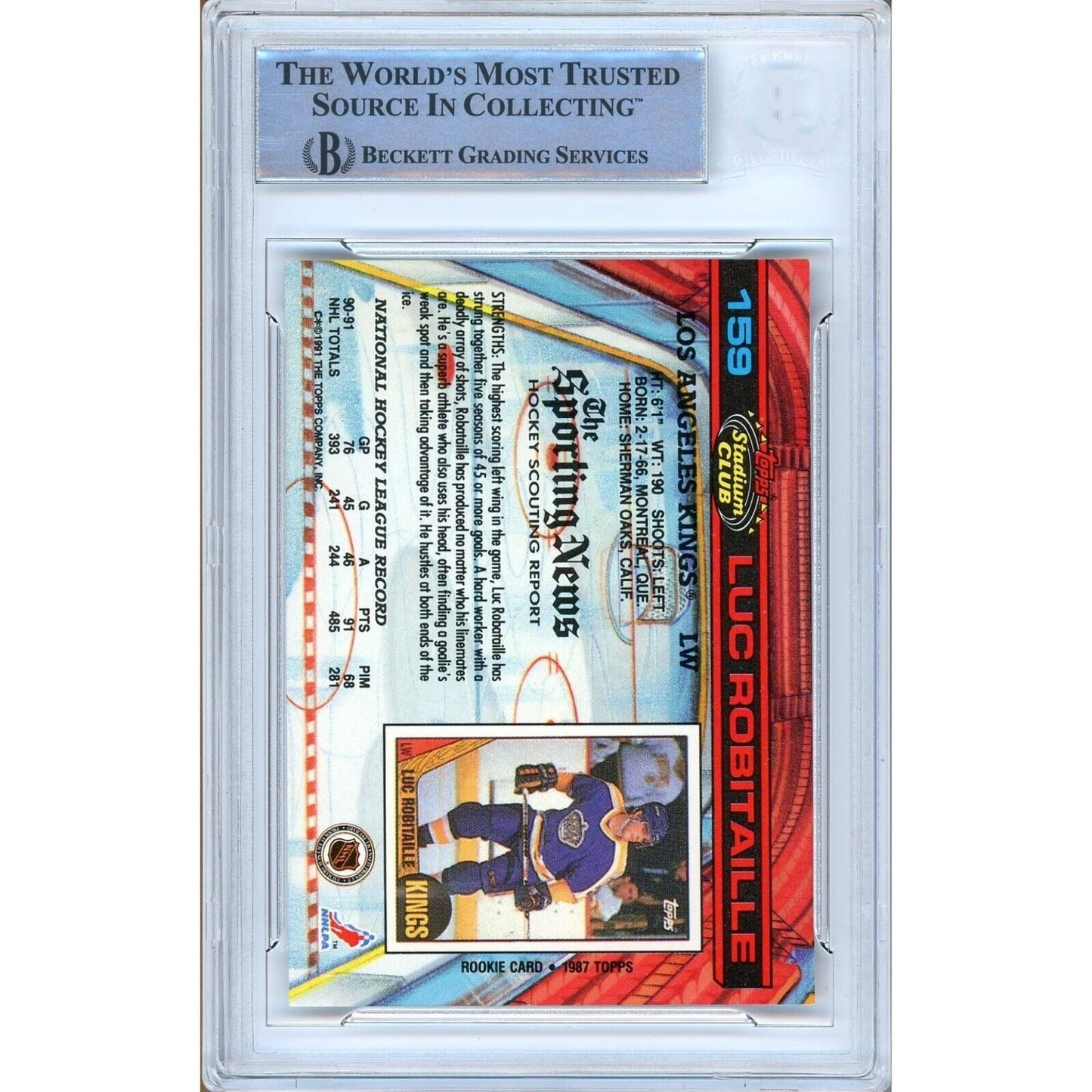 1991-92 Topps Stadium Club #159 — Luc Robitaille Los Angeles Kings Autographed Trading Card — Beckett Authentication