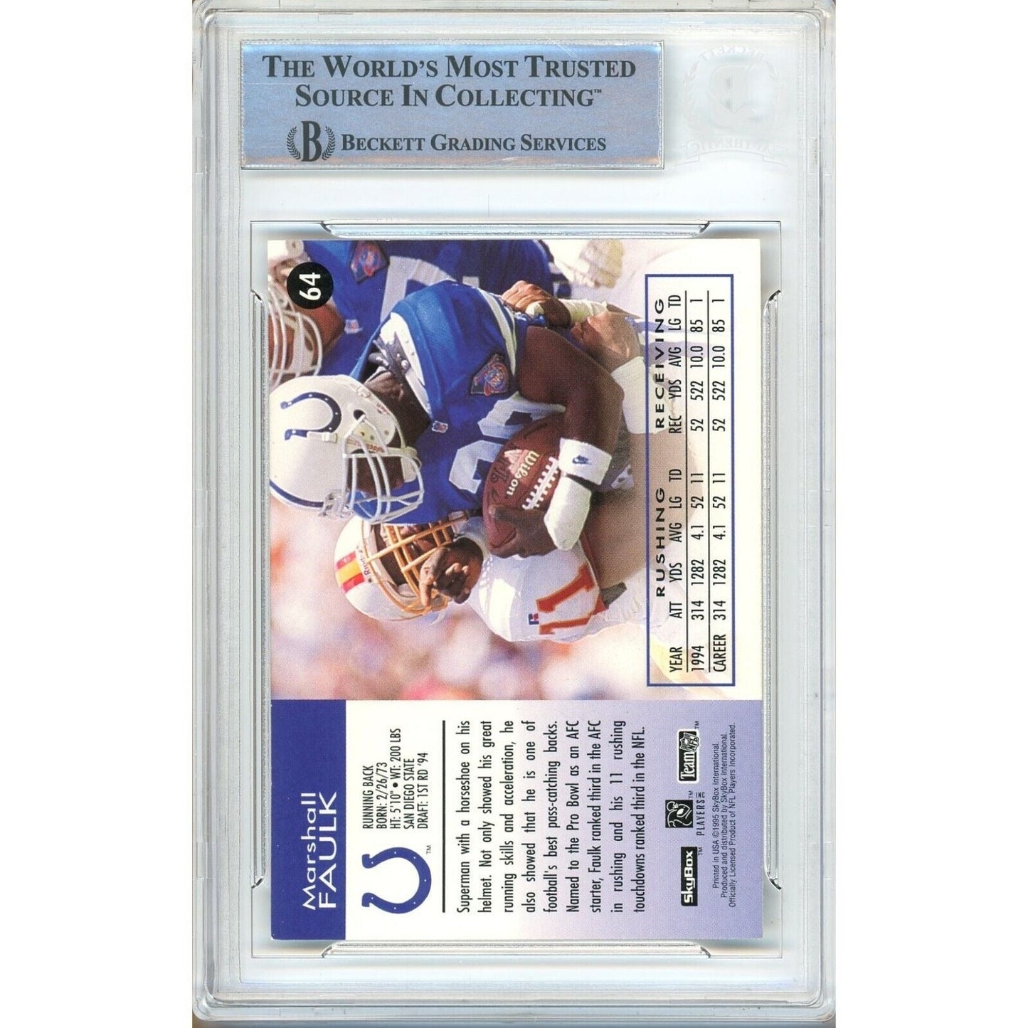 Marshall Faulk Indianapolis Colts Signed 1995 Skybox Impact NFL Card BAS Auth Auto Slab