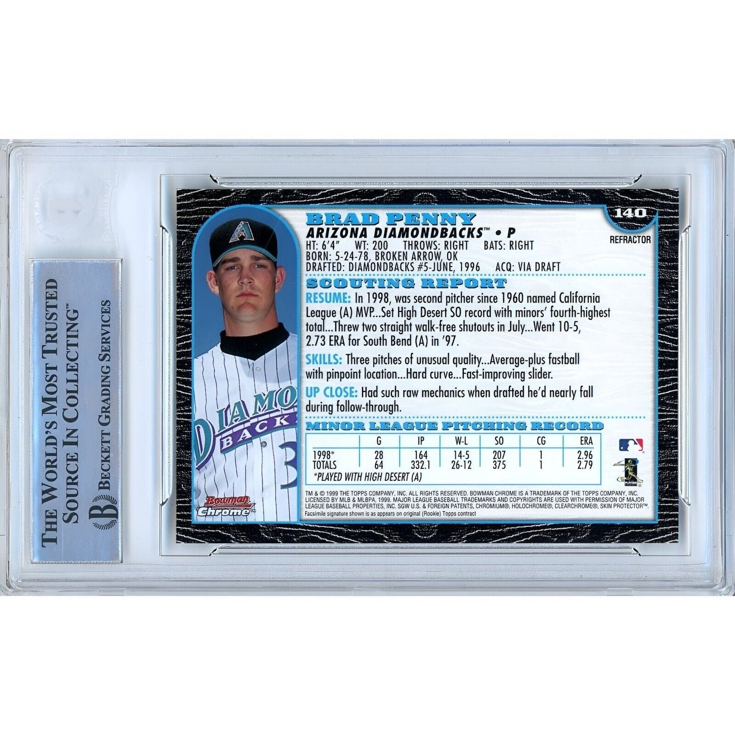 1999 Bowman Chrome Refractor #140 — Brad Penny AZ Diamondbacks Autographed Trading Card — Beckett Authentication