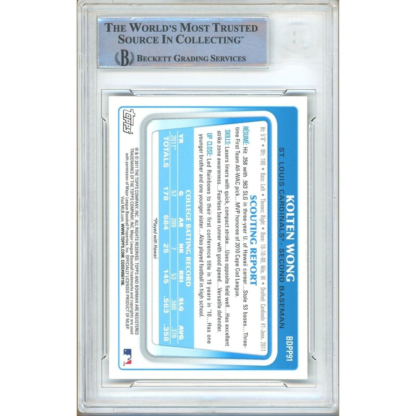 2011 Bowman Draft Prospects #BDPP91B — Kolten Wong St Louis Cardinals Autographed Trading Card — Beckett Authentication