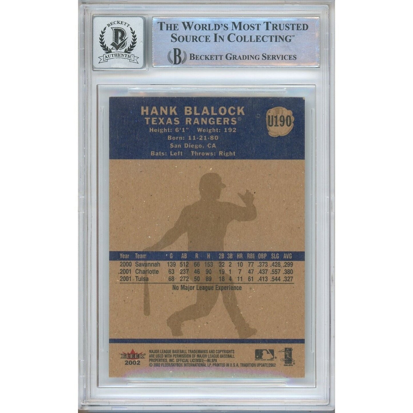 2002 Fleer Tradition Update #U190— Hank Blalock Texas Rangers Autographed Trading Card — Beckett Authentication