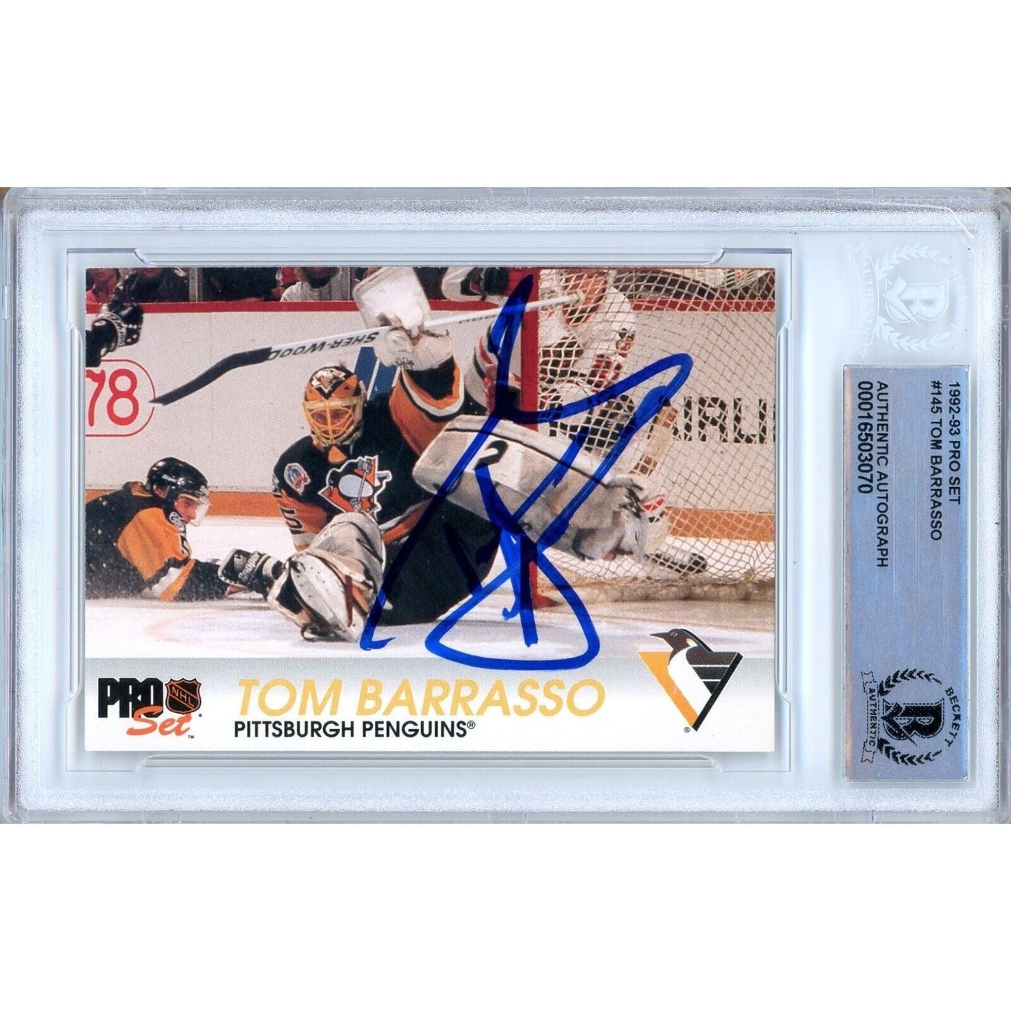 Tom Barrasso Pittsburgh Penguins Signed 1992-93 Pro Set Card Beckett Authentic Auto Slab