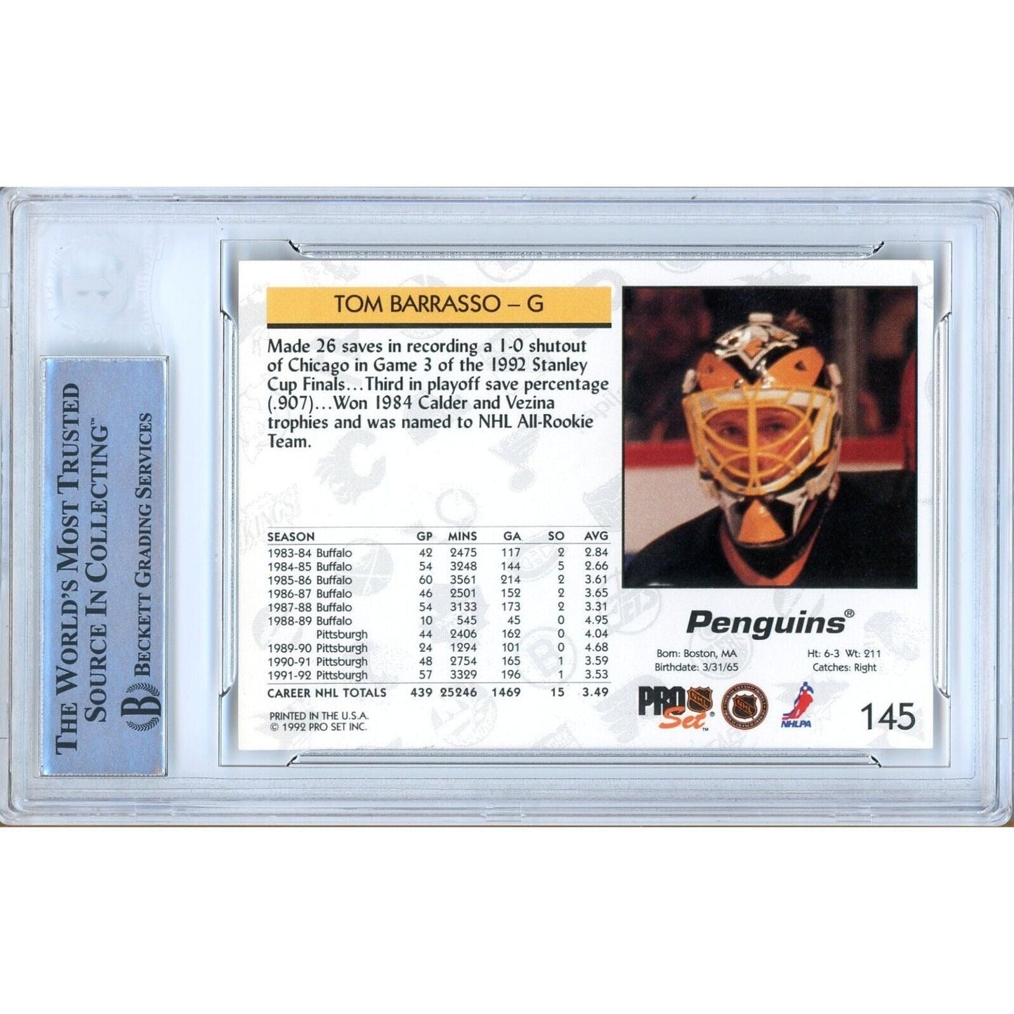 Tom Barrasso Pittsburgh Penguins Signed 1992-93 Pro Set Card Beckett Authentic Auto Slab