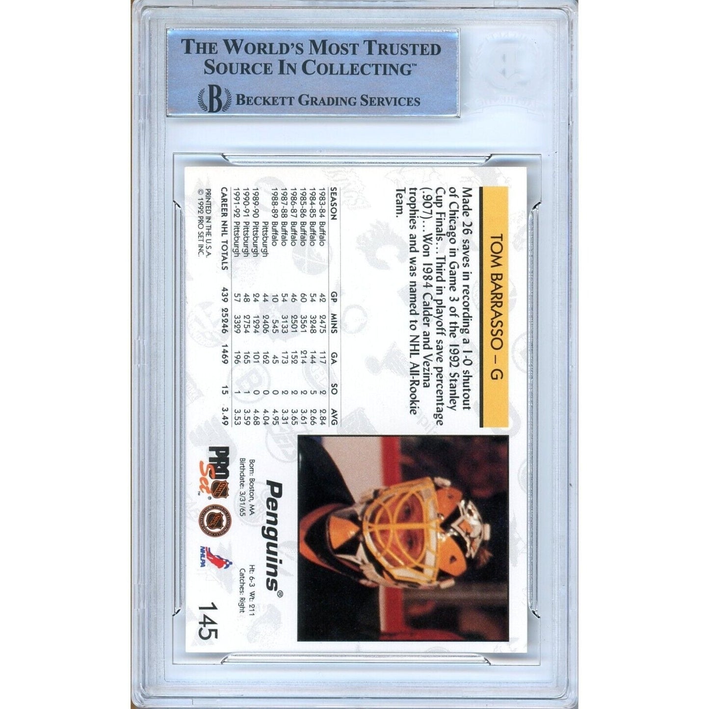 Tom Barrasso Pittsburgh Penguins Signed 1992-93 Pro Set Card Beckett Authentic Auto Slab