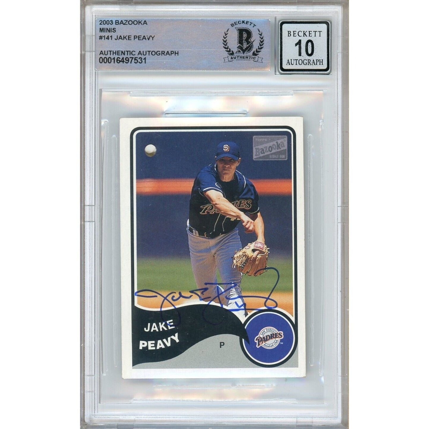 2003 Topps Bazooka Mini #141 — Jake Peavy Padres Autographed Trading Card — Beckett Authentication