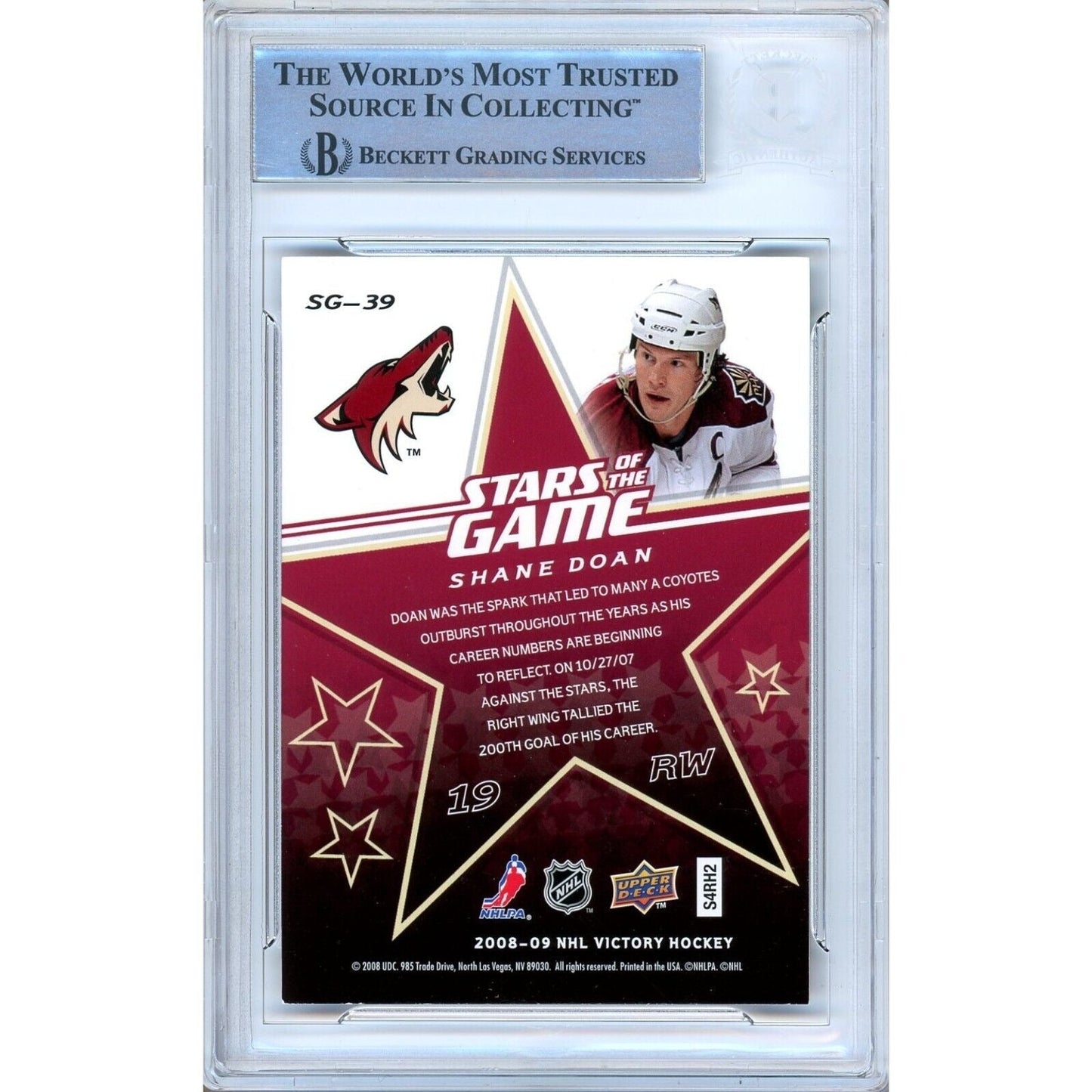 Shane Doan AZ Coyotes Signed 2008-09 Upper Deck Victory Card Beckett Auth Auto Slab
