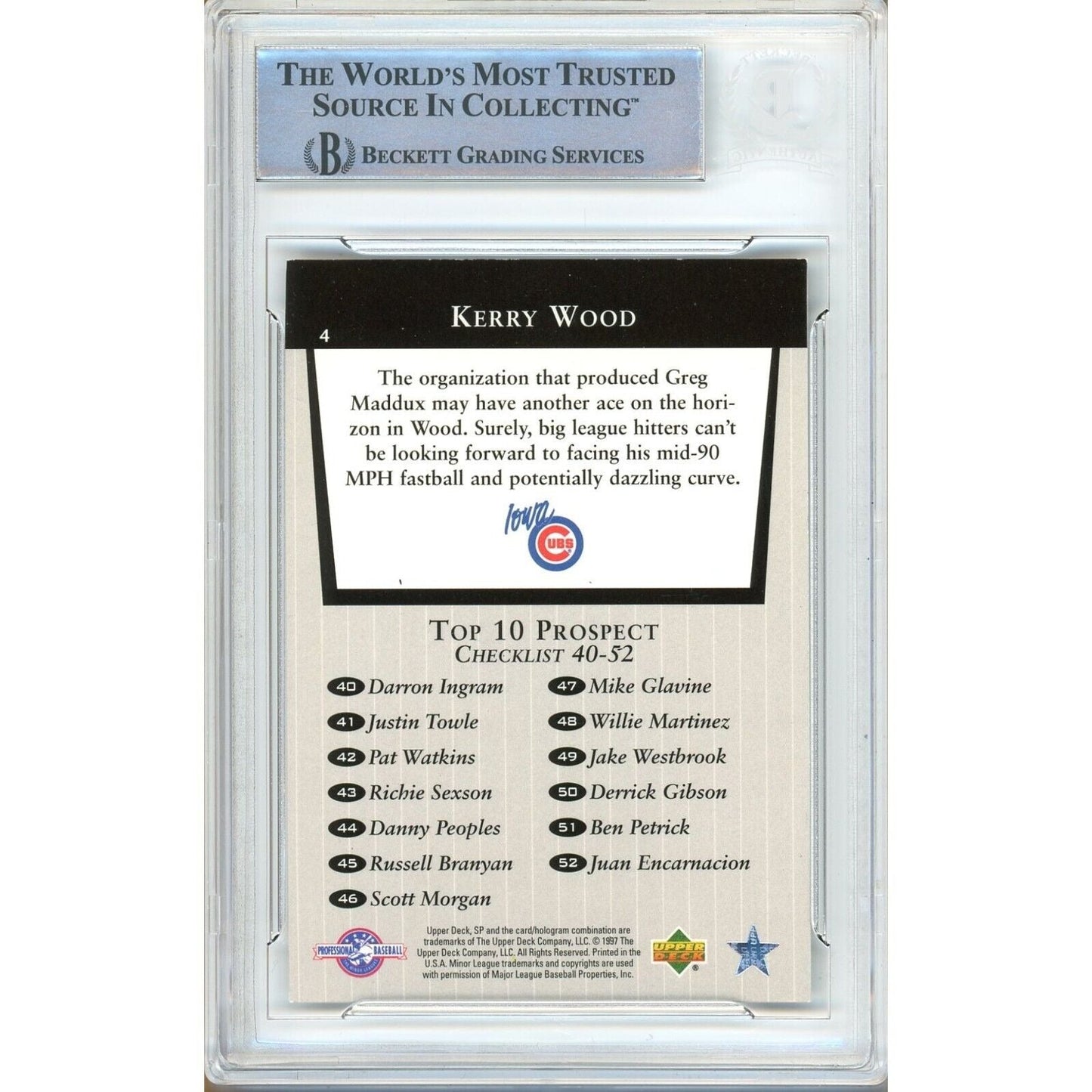 1998 Upper Deck SP Top Prospects #4 — Kerry Wood Chicago Cubs Autographed Trading Card — Beckett Authentication