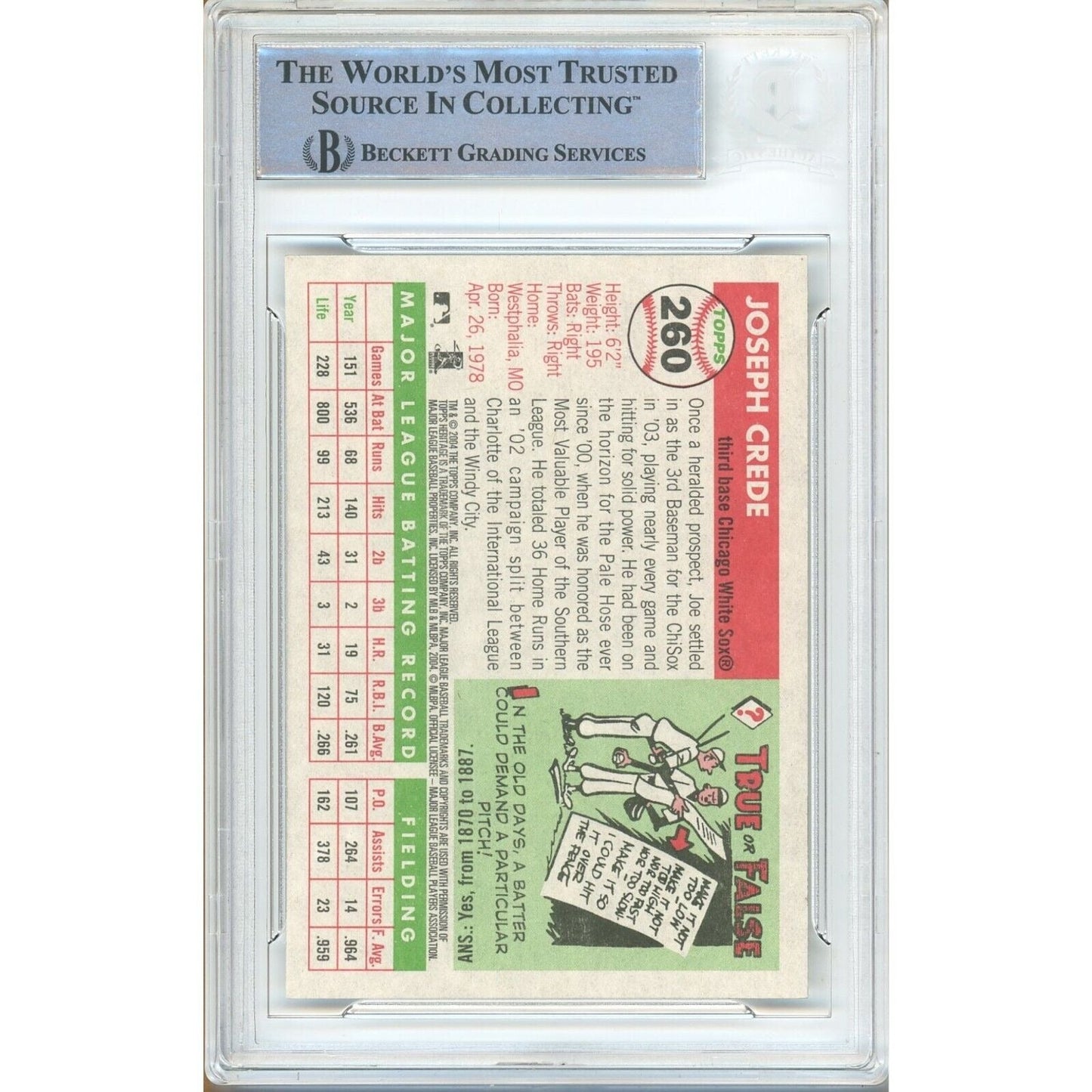 2004 Topps #te — Joe Crede Chicago White Sox Autographed Trading Card — Beckett Authentication