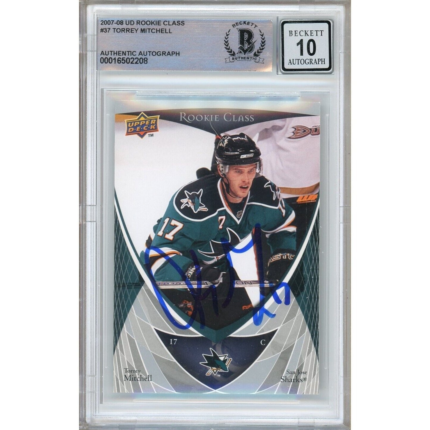 Torrey Mitchell San Jose Sharks Signed 2007-08 Upper Deck Rookie Card BGS Auto 10 Graded