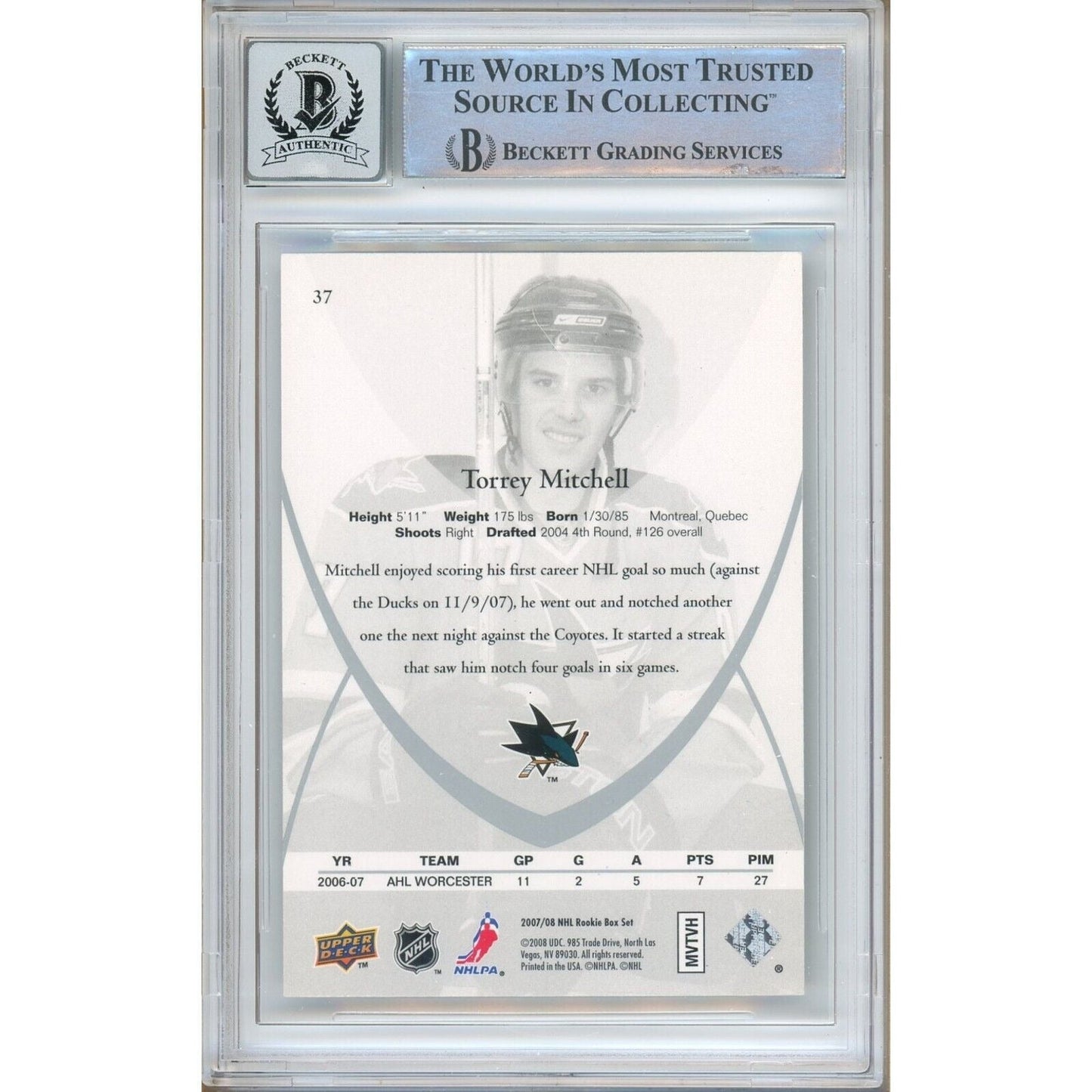 Torrey Mitchell San Jose Sharks Signed 2007-08 Upper Deck Rookie Card BGS Auto 10 Graded