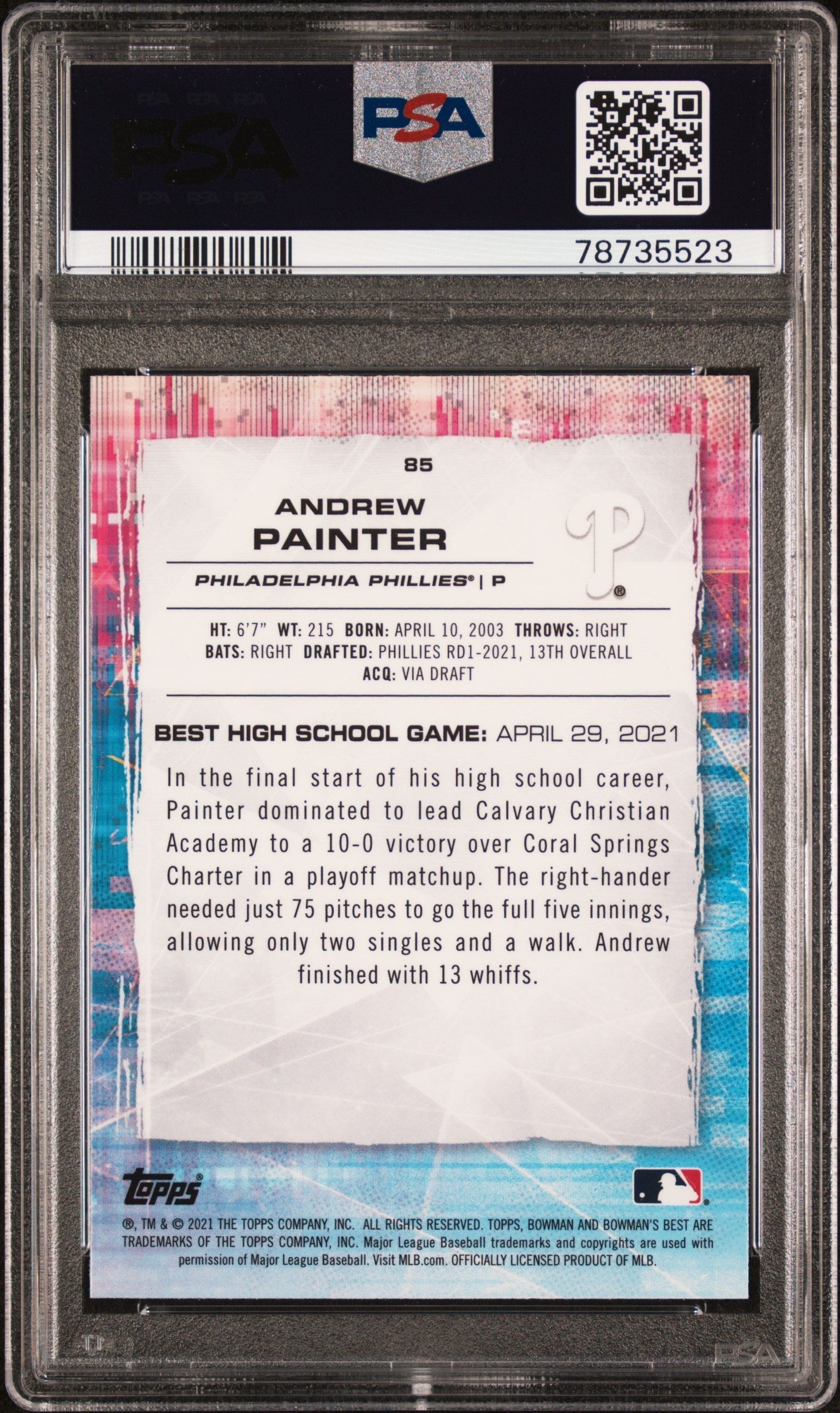 Graded 2021 Topps Bowmans Best Andrew Painter #85 Rookie RC Baseball Card PSA 10 Gem Mint