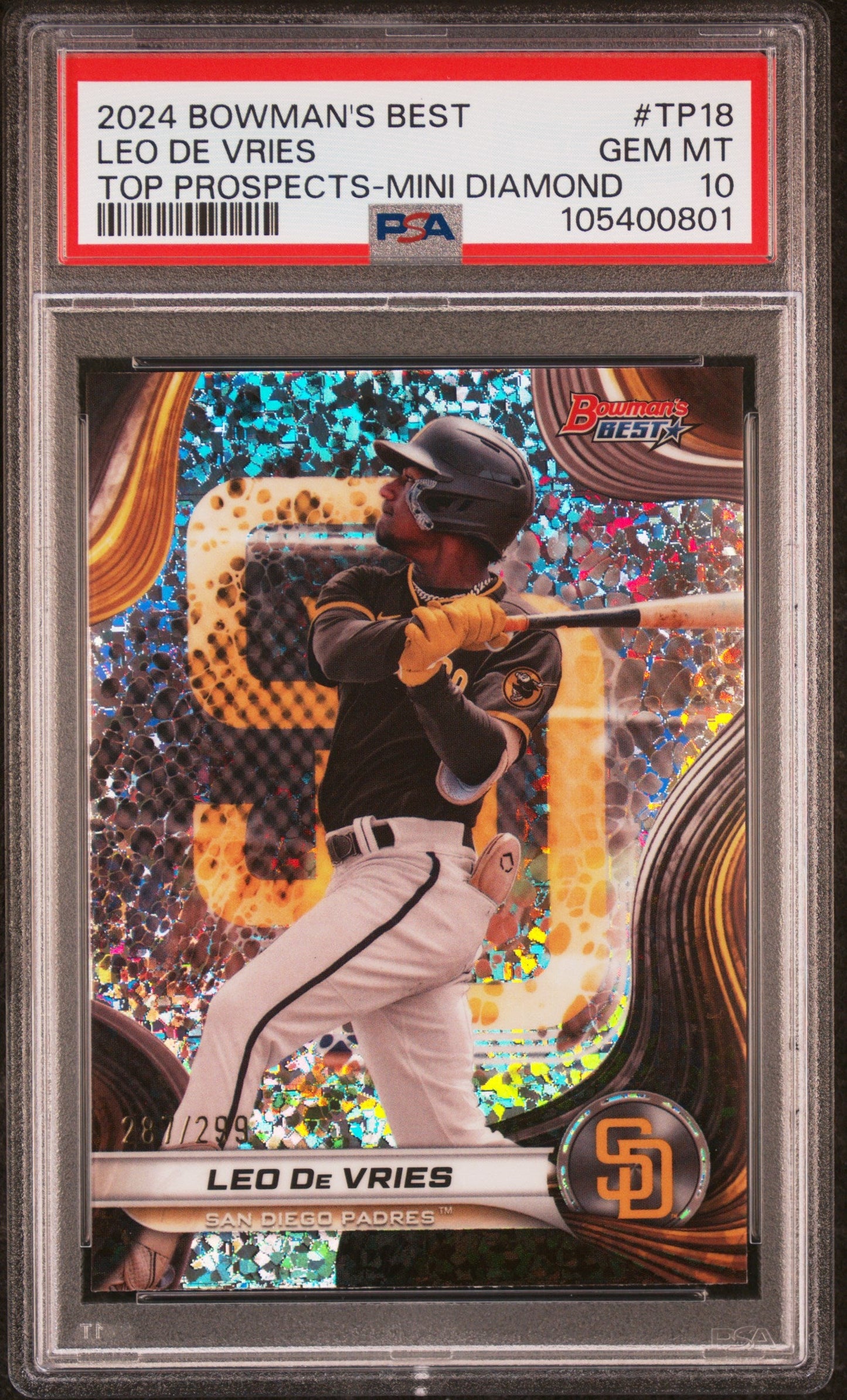 Graded 2024 Topps Bowmans Best Leo De Vries #TP18 Top Prospects Mini Diamond /299 Rookie RC Baseball Card PSA 10 Gem Mint