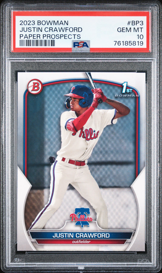 Graded 2023 Topps Bowman Justin Crawford #BP3 Paper Prospects Rookie RC Baseball Card PSA 10 Gem Mint