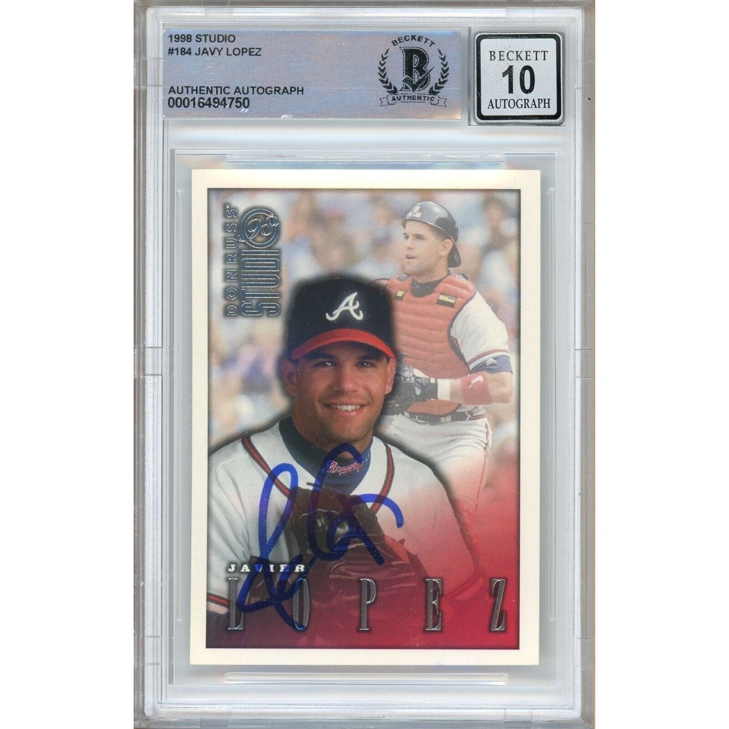 1998 Donruss Studio # 184 — Javy Lopez Atlanta Braves Autographed Trading Card Beckett Authentication