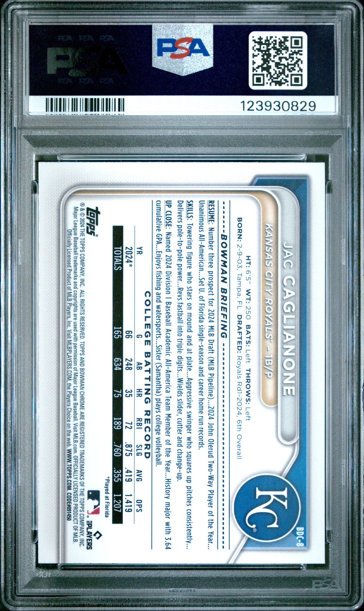 Graded 2024 Topps Bowman Draft Jac Caglianone #BDC8 Chrome Rookie RC Baseball Card PSA 9 Mint