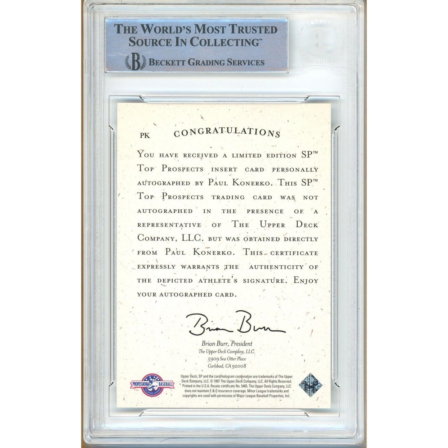 Paul Konerko LA Dodgers Signed 1998 SP Top Prospects Autographs Card Beckett Auth Auto