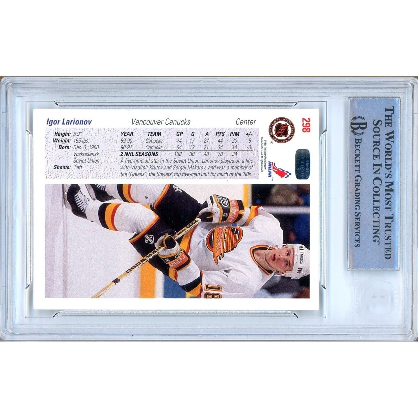 1991-92 Upper Deck #298— Igor Larionov Vancouver Canucks Autographed Trading Card — Beckett Authentication
