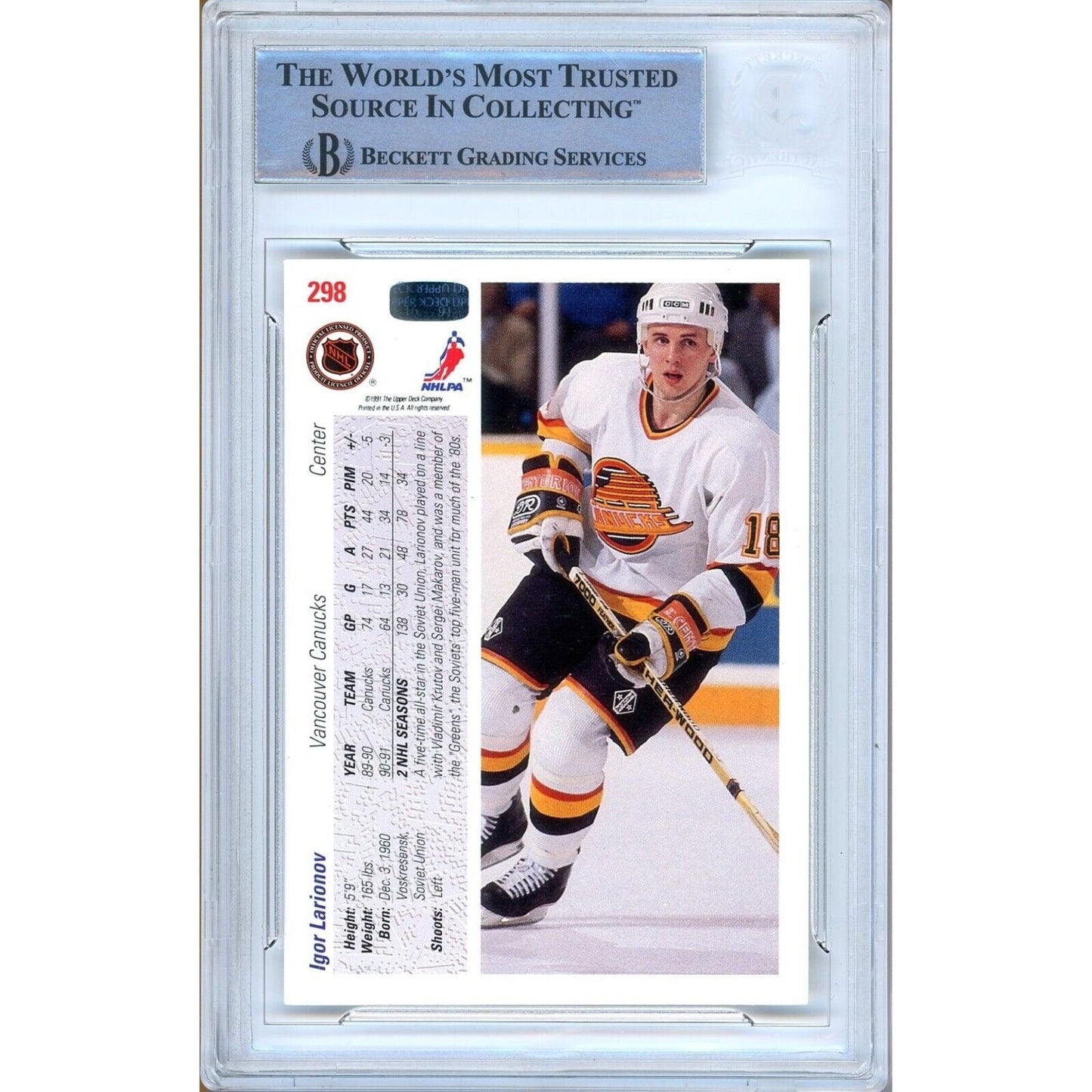 1991-92 Upper Deck #298— Igor Larionov Vancouver Canucks Autographed Trading Card — Beckett Authentication