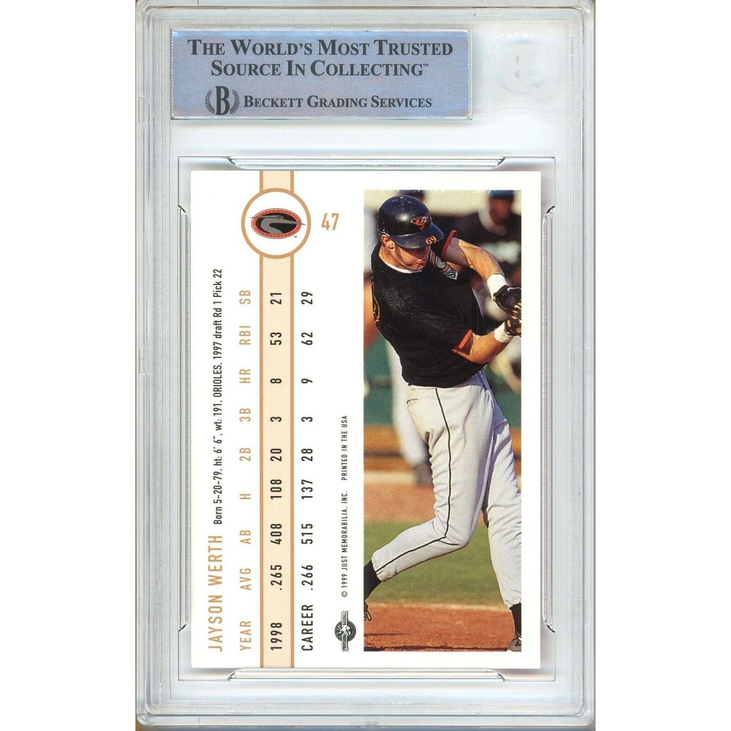 1999 Just Minors # 47 — Jayson Werth Phillies Autographed Rookie Trading Card Beckett Authentication