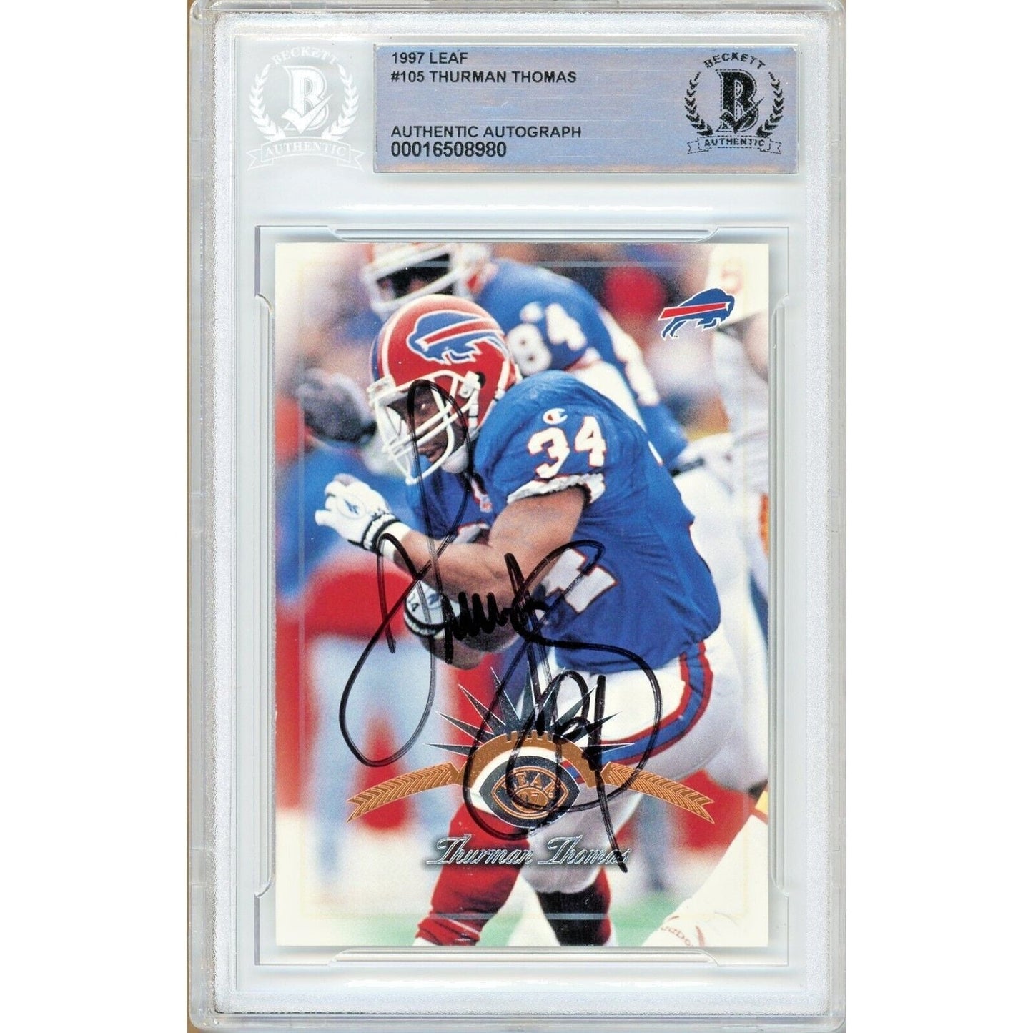 Thurman Thomas Buffalo Bills Signed 1997 Leaf Football Card Beckett Authentic Auto Slab HOF