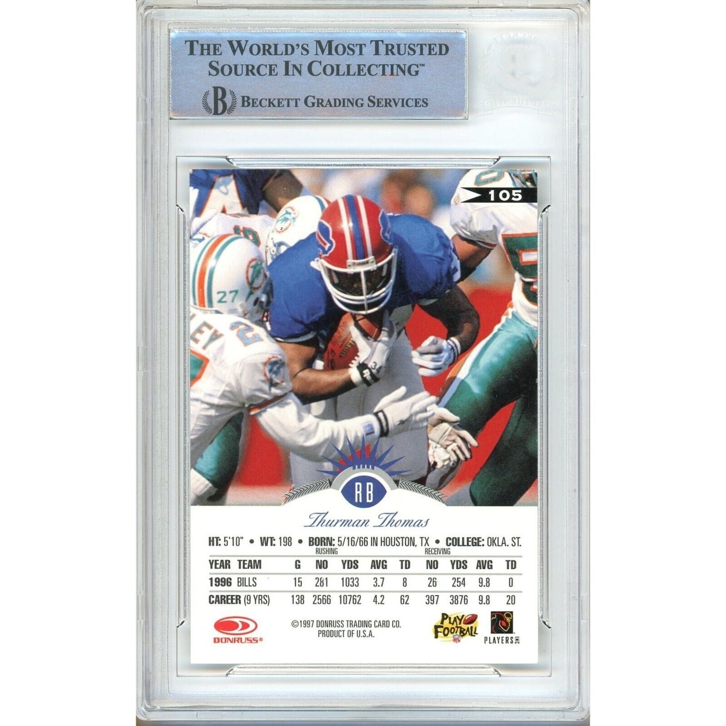 Thurman Thomas Buffalo Bills Signed 1997 Leaf Football Card Beckett Authentic Auto Slab HOF