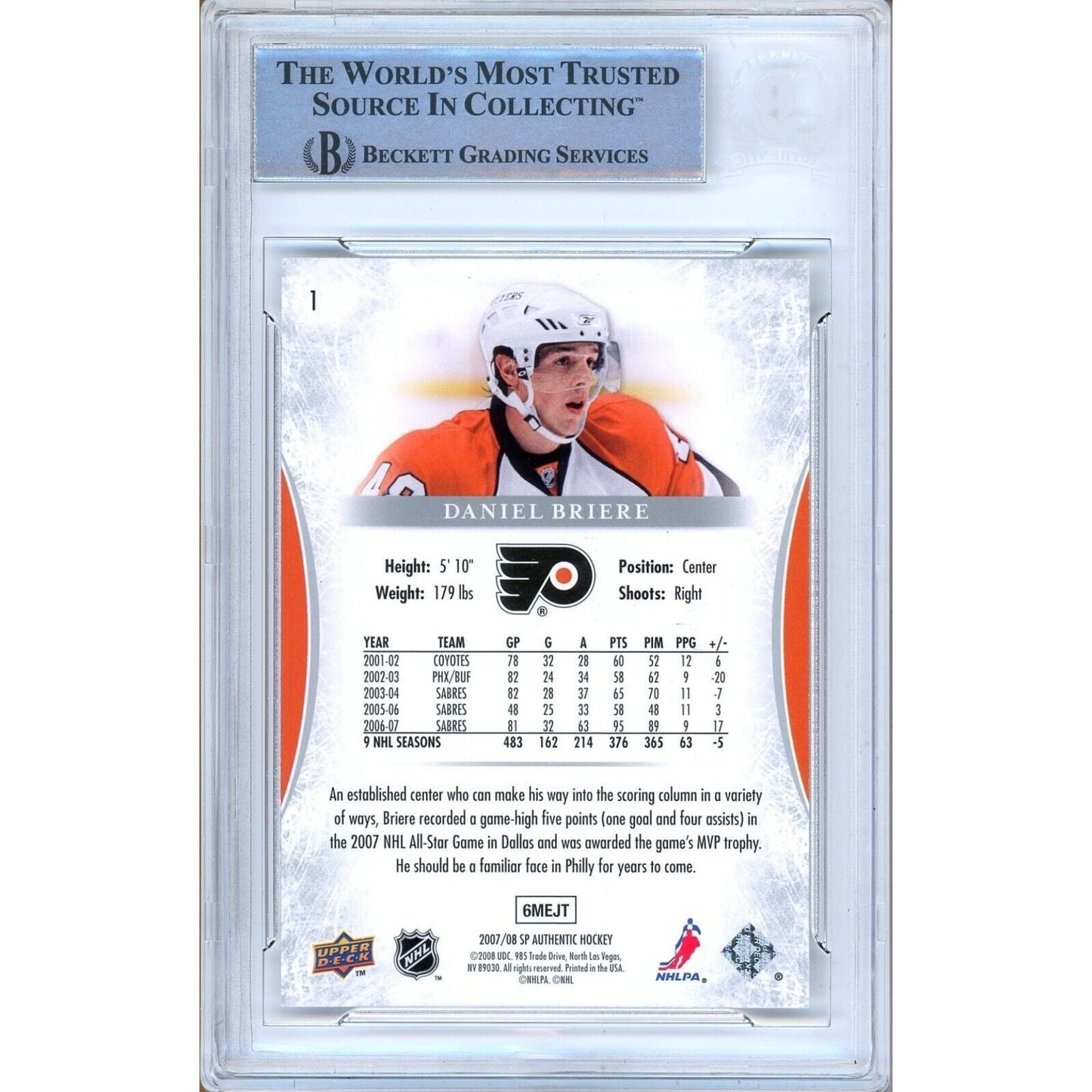 2007-08 Upper Deck SP Authentic #1 — Daniel Briere Philadelphia Flyers Autographed Trading Card — Beckett Authentication