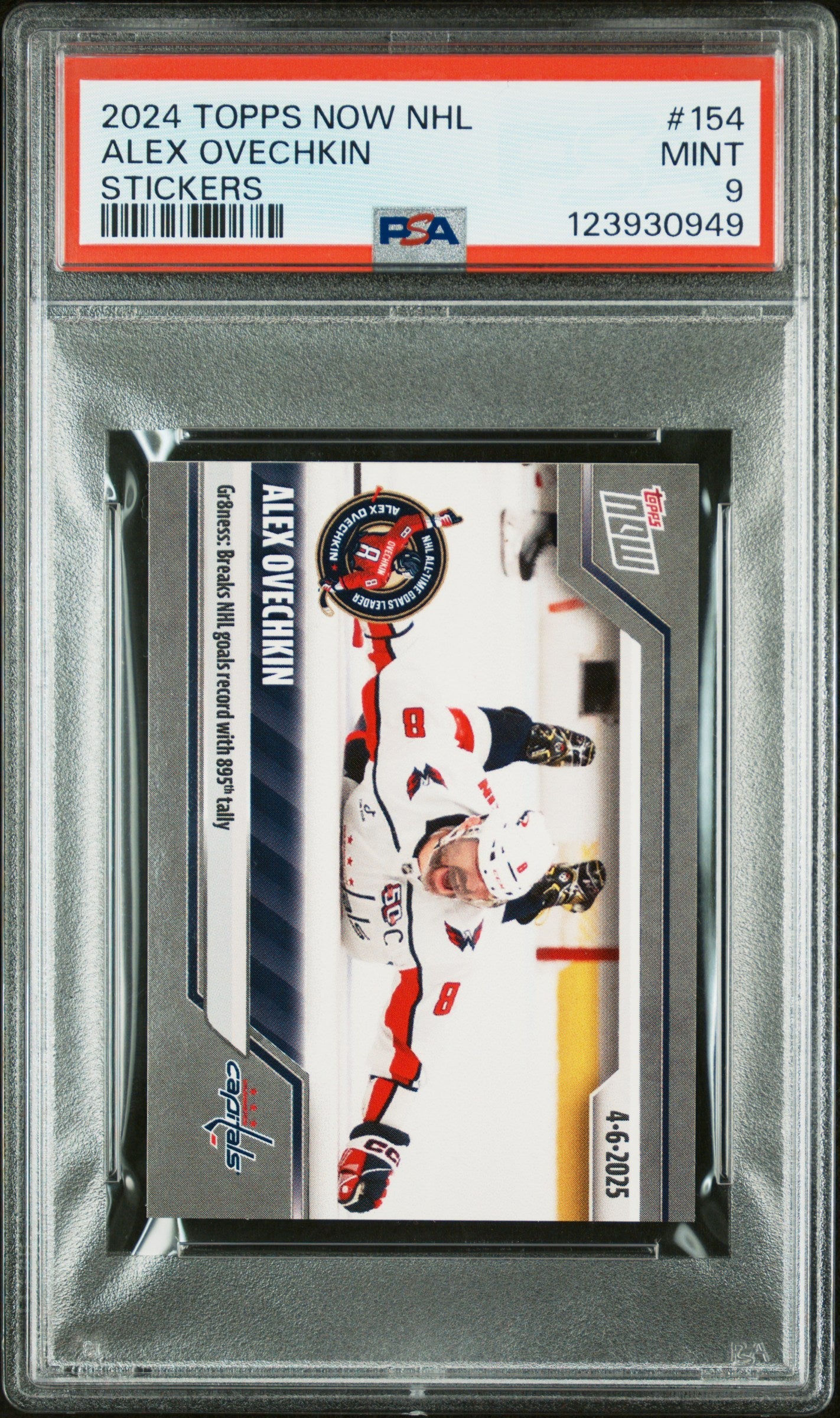 Graded 2024 Topps Now Alex Ovechkin #154 Stickers Hockey Card PSA 9 Mint
