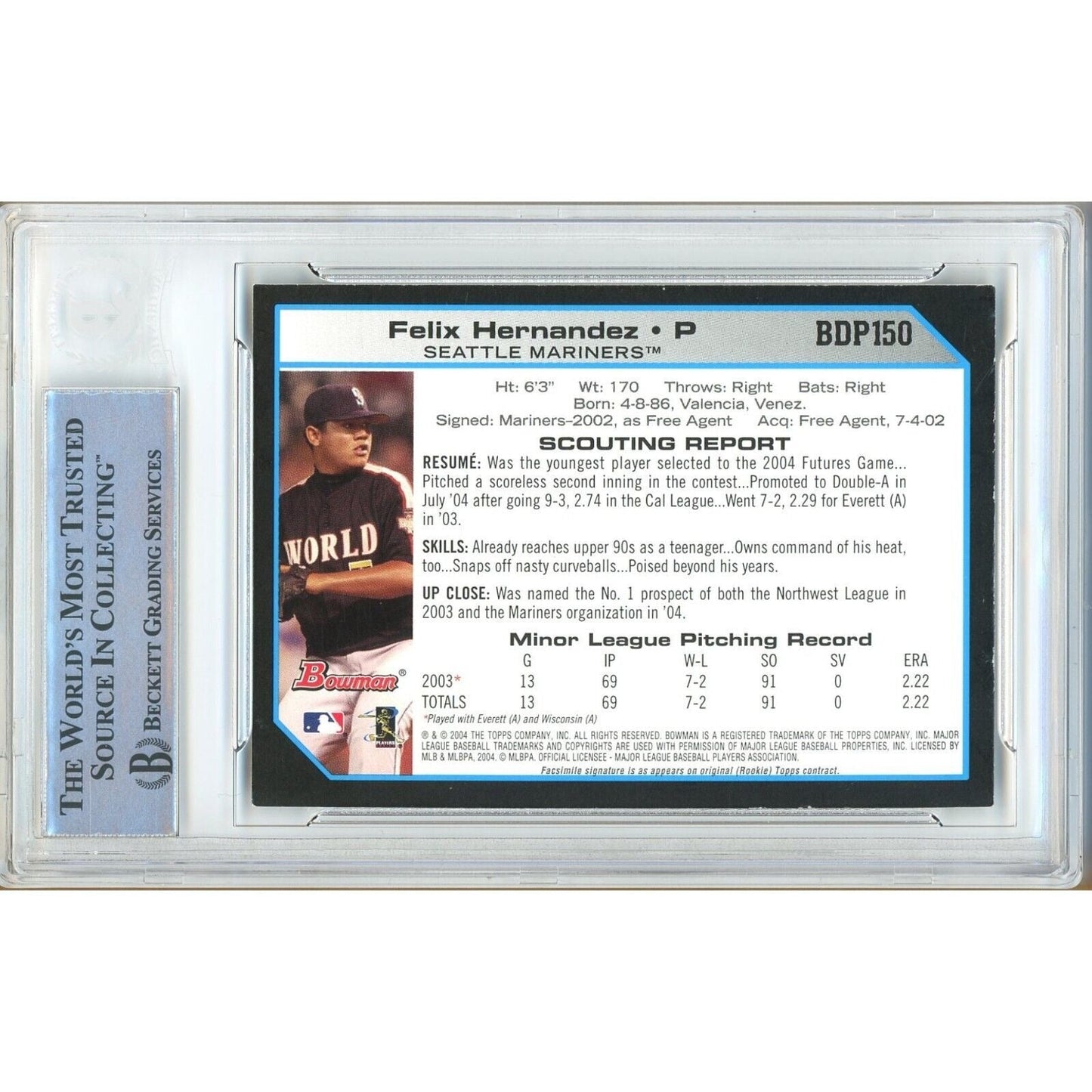 2004 Bowman Draft Picks and Prospects #150 — Felix Hernandez Seattle Mariners Autographed Trading Card — Beckett Authentication