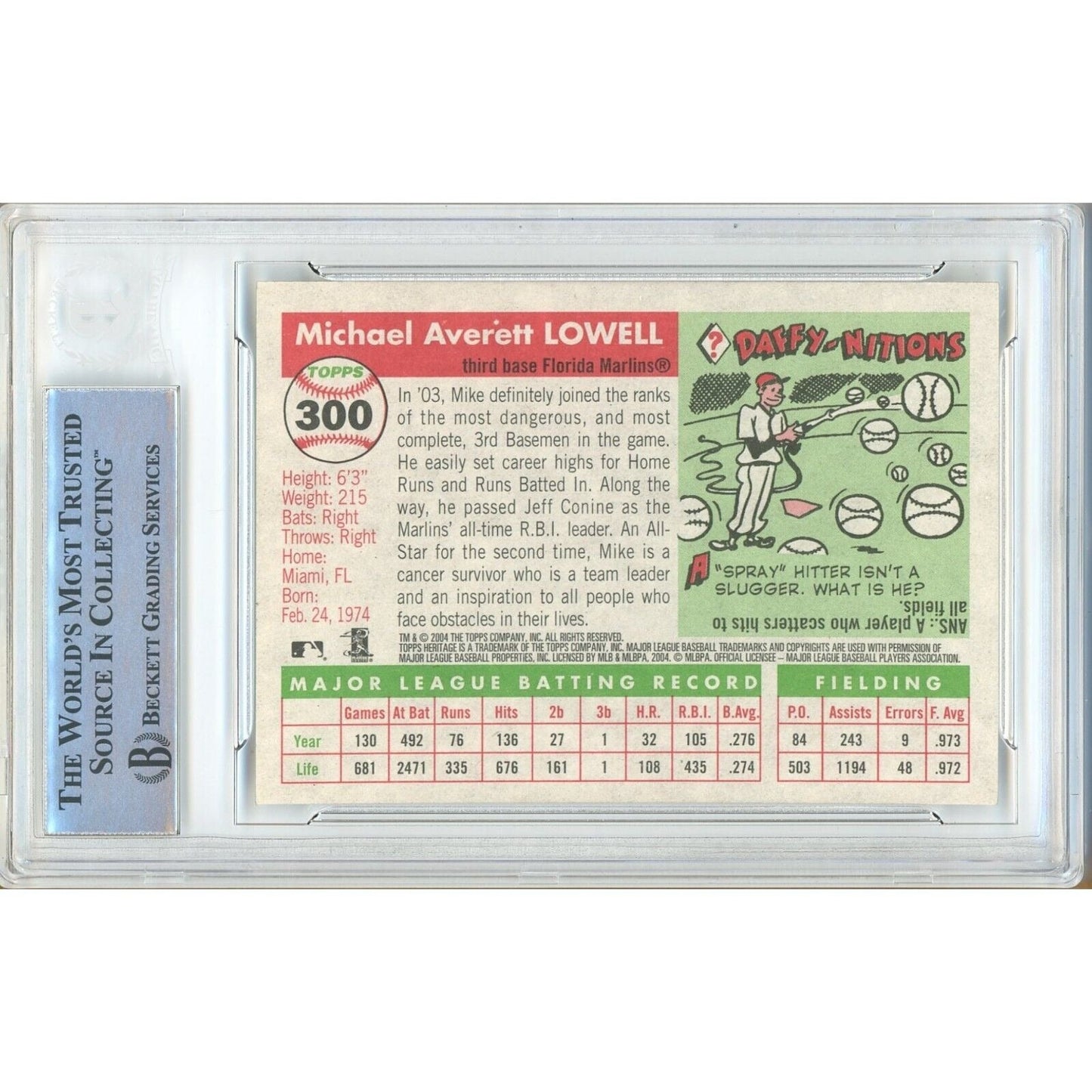 Mike Lowell Miami Marlins Signed 2004 Topps Heritage Baseball Card Beckett Auth Auto Slab