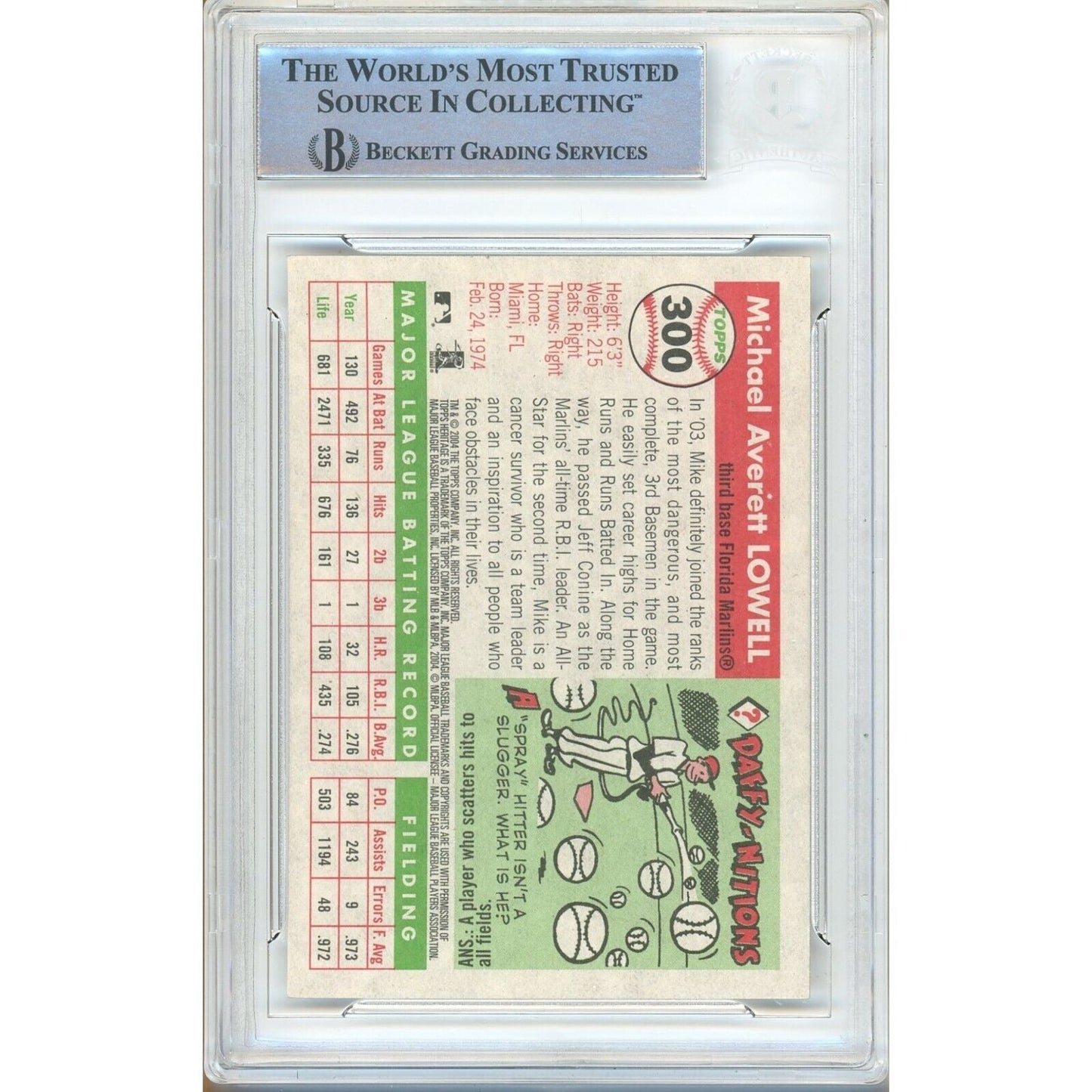 Mike Lowell Miami Marlins Signed 2004 Topps Heritage Baseball Card Beckett Auth Auto Slab